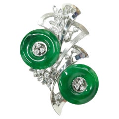 Broche en or blanc 18 carats, jade Jadite naturel non traité et diamant 18 carats certifié