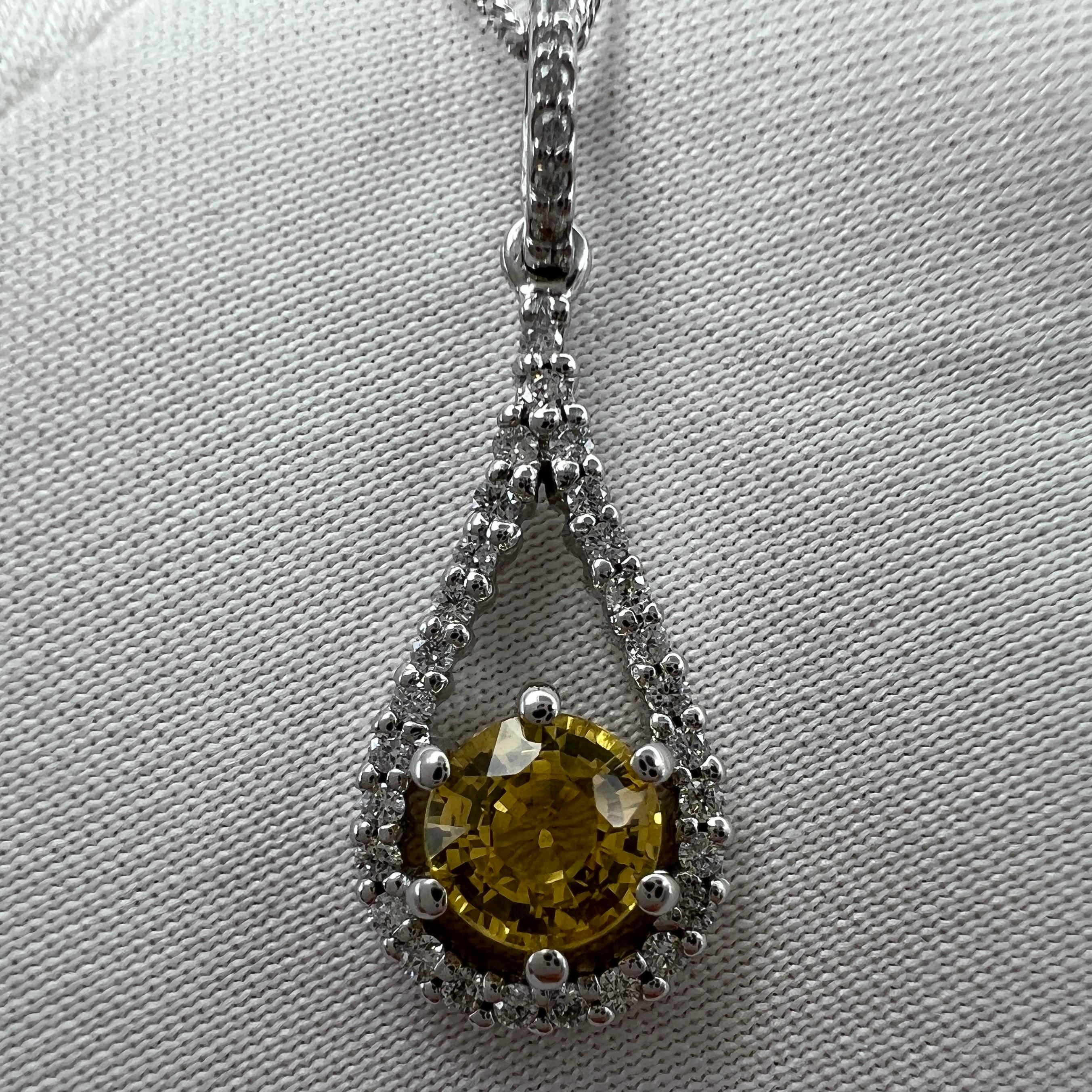 Round Cut Certified Untreated Vivid Yellow Sapphire & Diamond 18 Karat White Gold Pendant For Sale