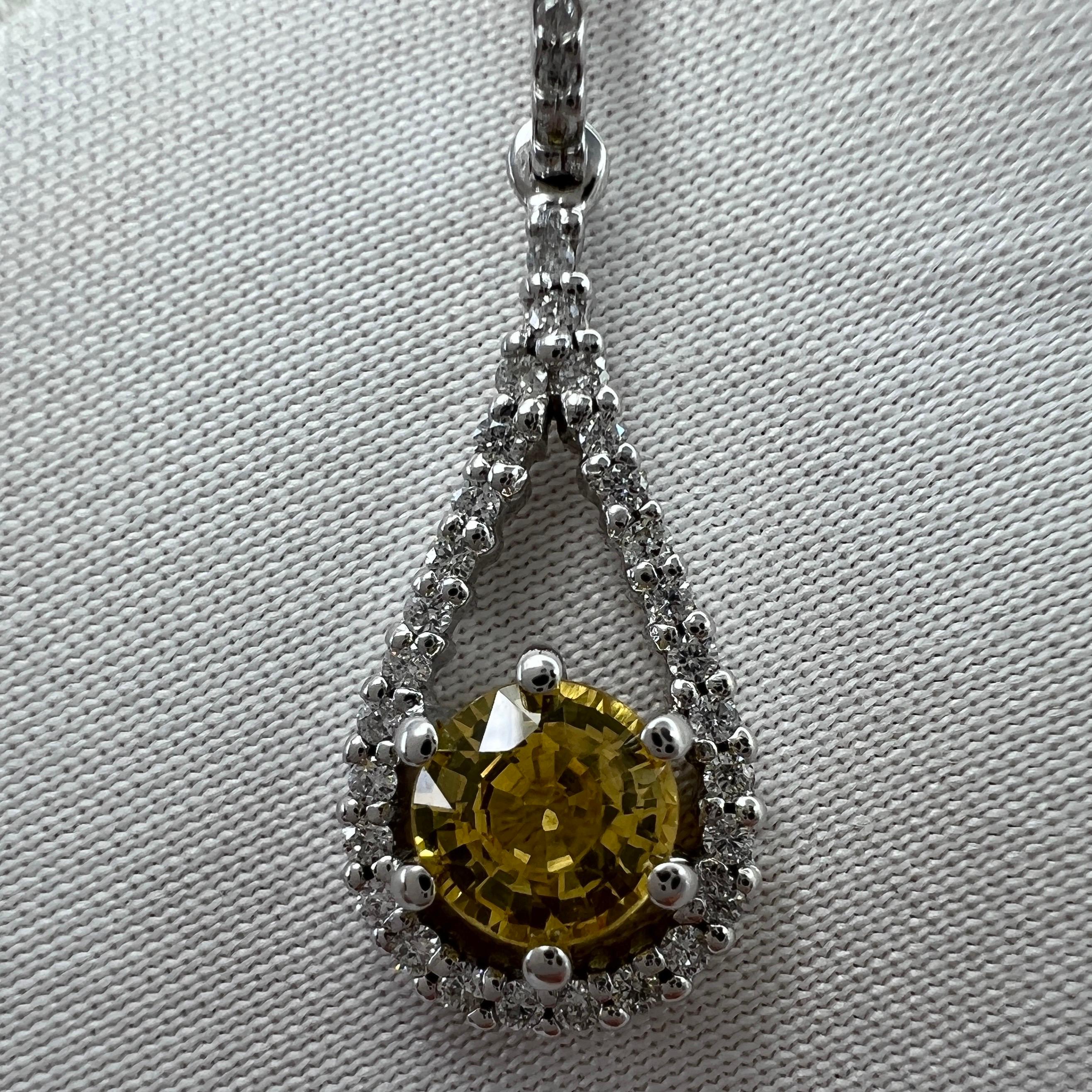 Women's or Men's Certified Untreated Vivid Yellow Sapphire & Diamond 18 Karat White Gold Pendant For Sale