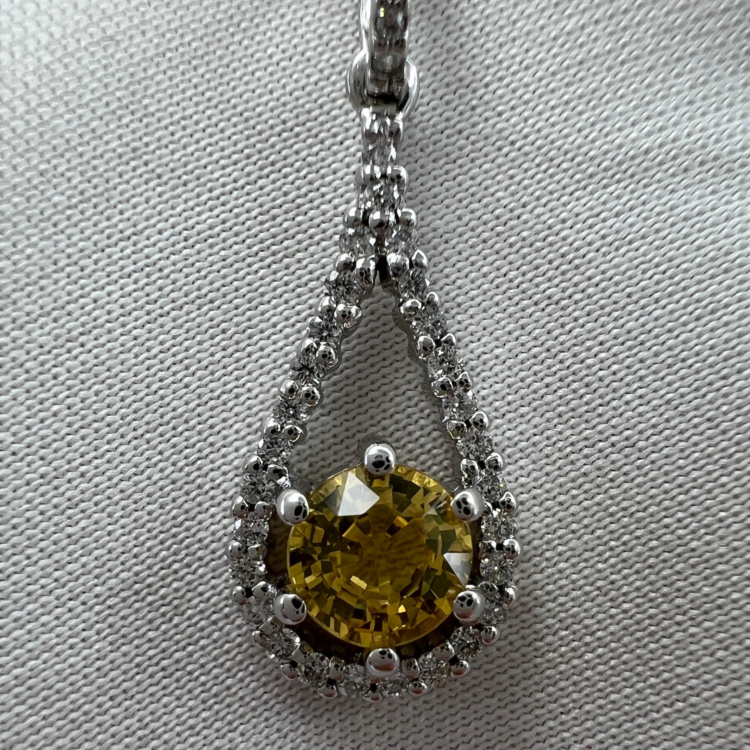 Certified Untreated Vivid Yellow Sapphire & Diamond 18 Karat White Gold Pendant For Sale 1