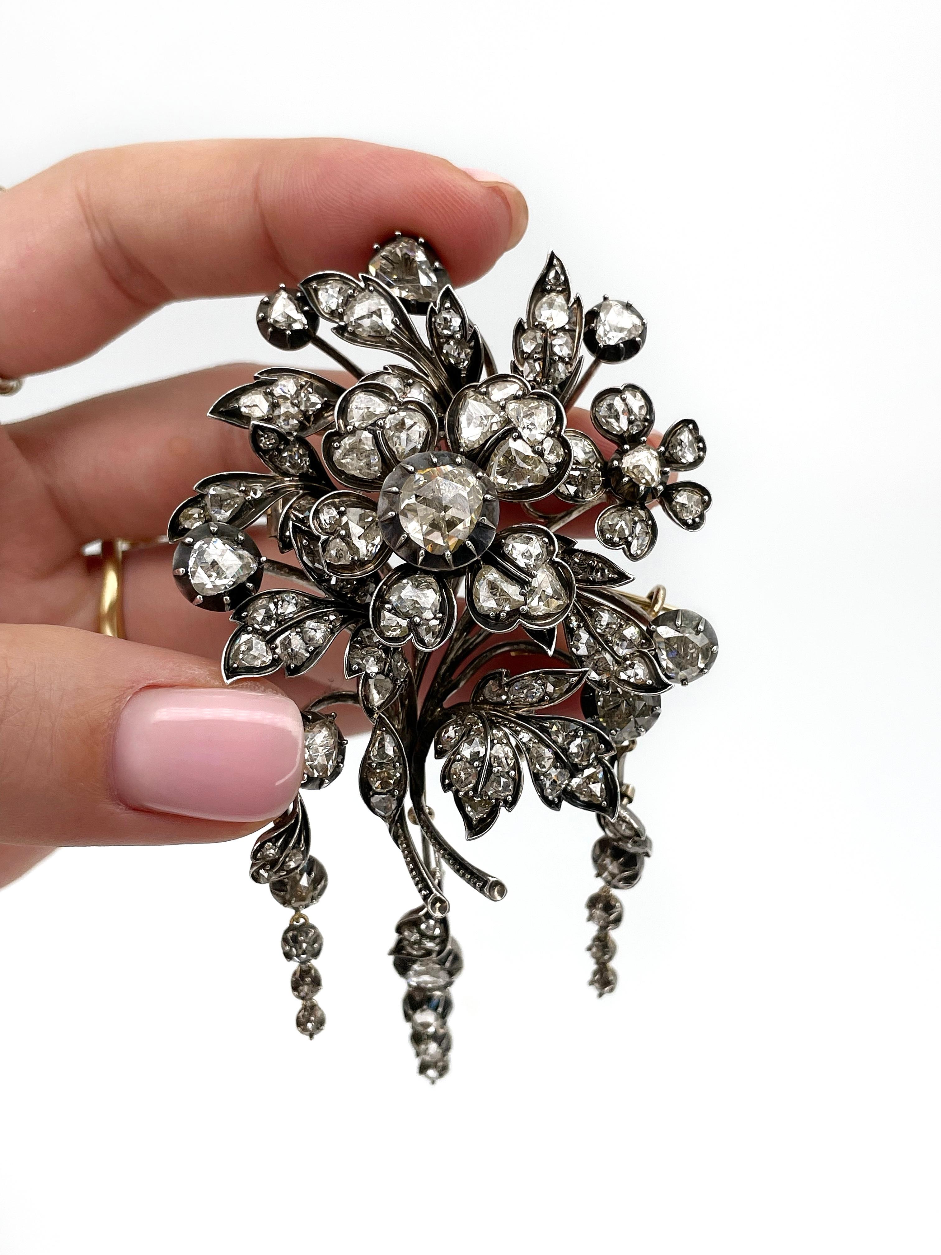 This is a magnificent Victorian “en tremblent” design flower branch corsage pin brooch. It is crafted in gold and silver. It is a real masterpiece. Circa 1860. 
Has a safety chain (length: 6.5cm). 

The piece is certified by Assay Office with