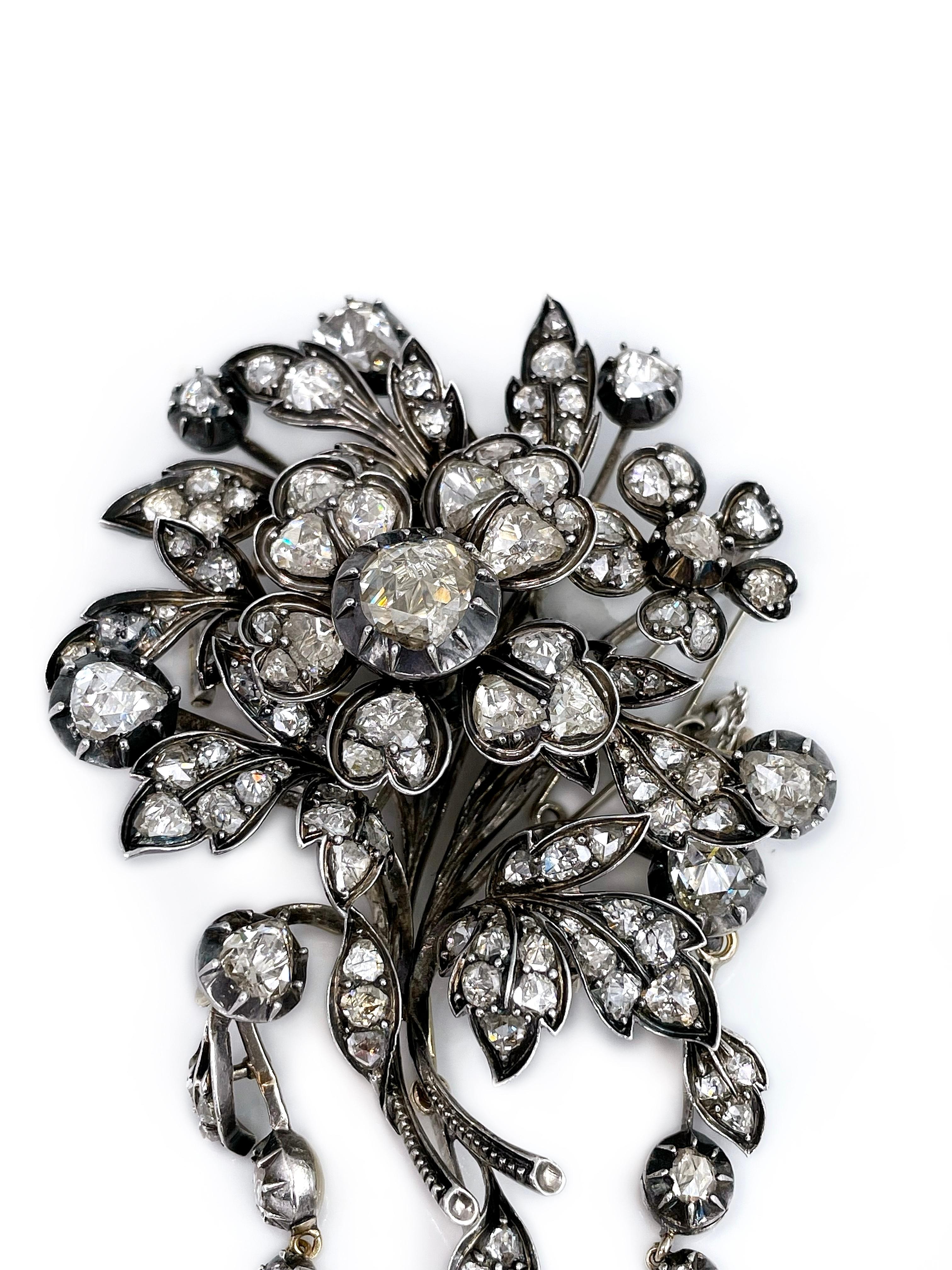 Certified Victorian Gold 11.70 Carat Diamond Tremblent Floral Corsage Pin Brooch For Sale 1