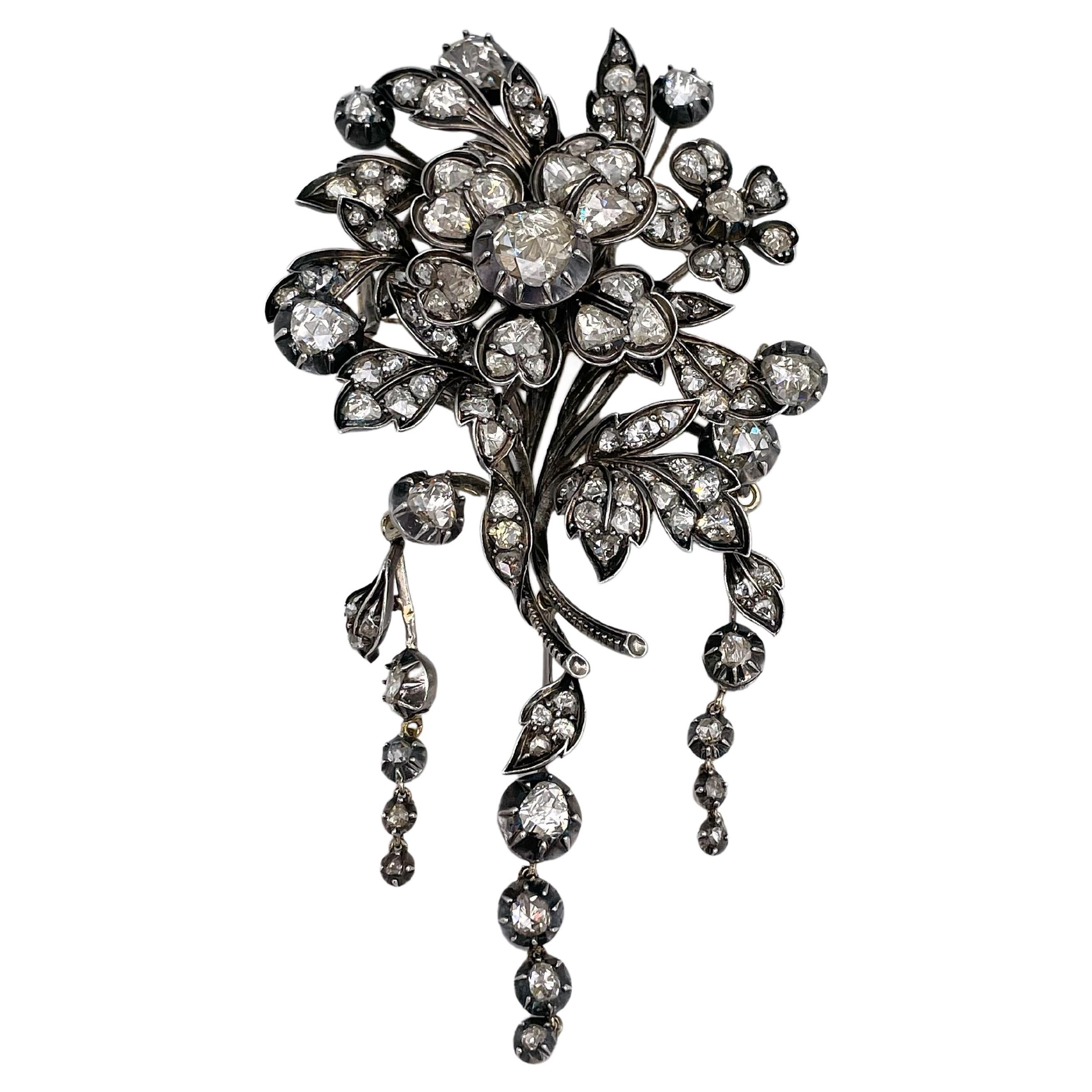 Certified Victorian Gold 11.70 Carat Diamond Tremblent Floral Corsage Pin Brooch For Sale