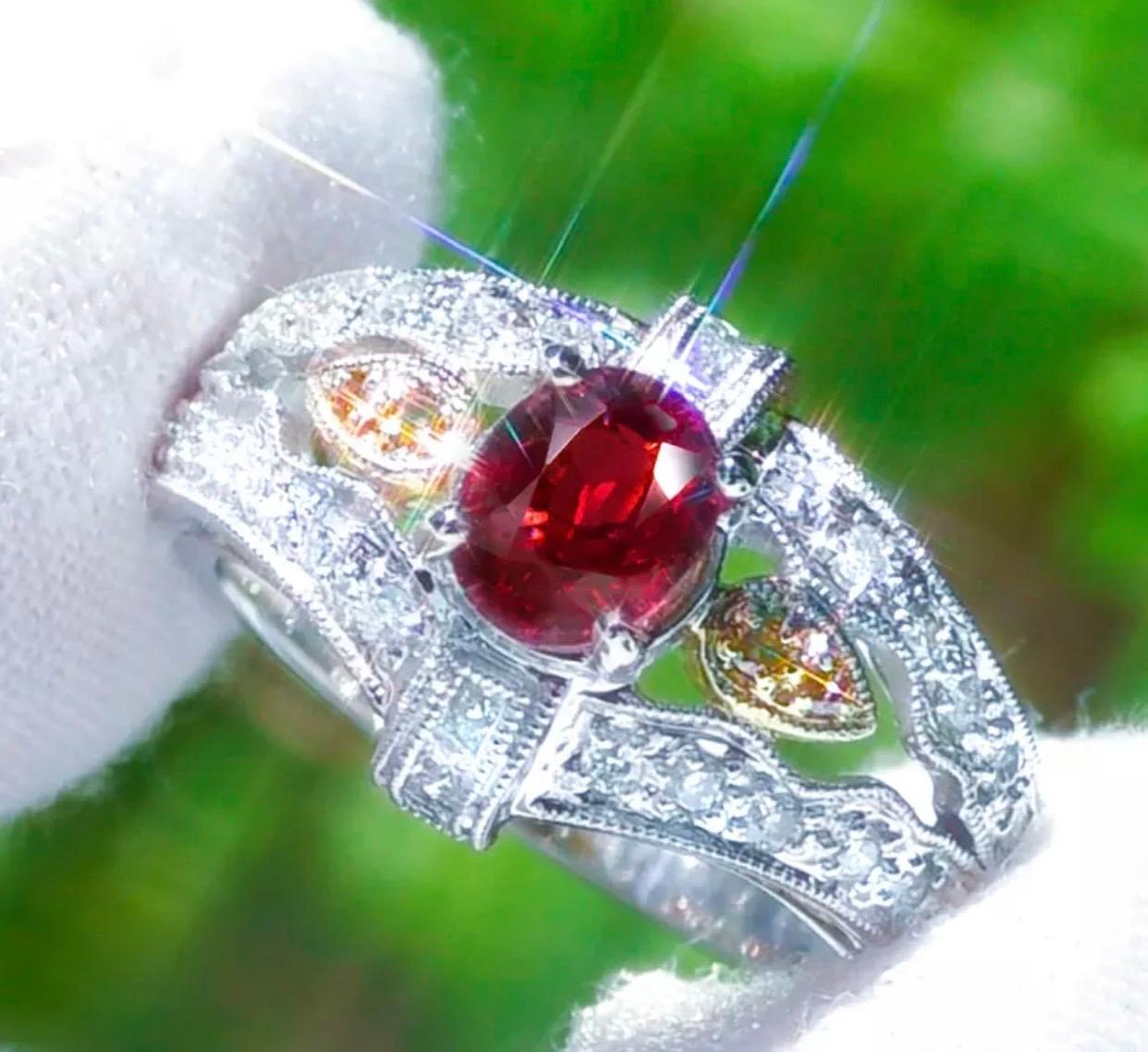 Oval Cut Certified Vintage 2.38 No Heat Burma Ruby Carat Art Deco Style Diamond Ring For Sale