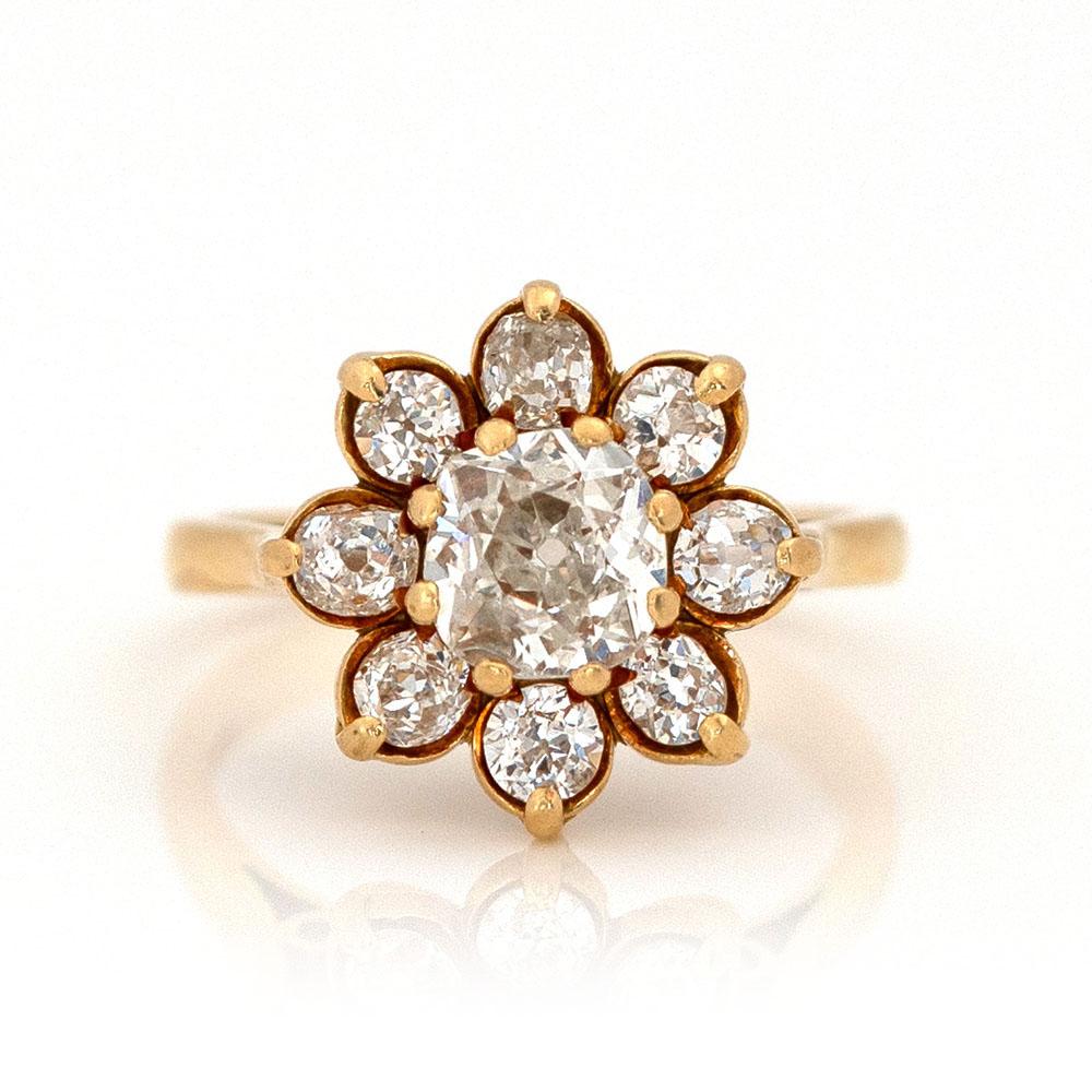 Old Mine Cut Certified Vintage 2.45ct Old Mine & European Cut Diamond 18ct Gold Ring