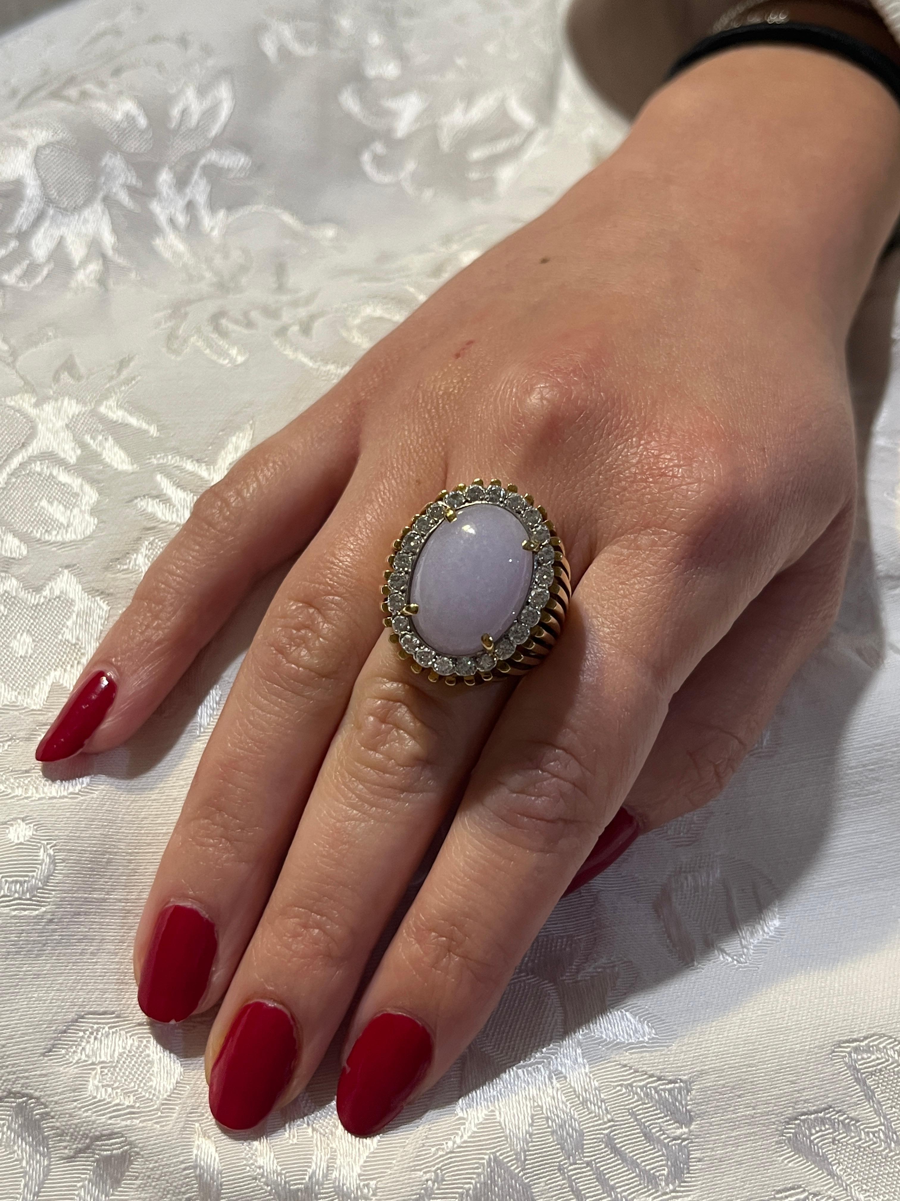 Women's Certified Vintage Caged Line Ring Shank with Oval Cabochon Lavender Type A Jade For Sale