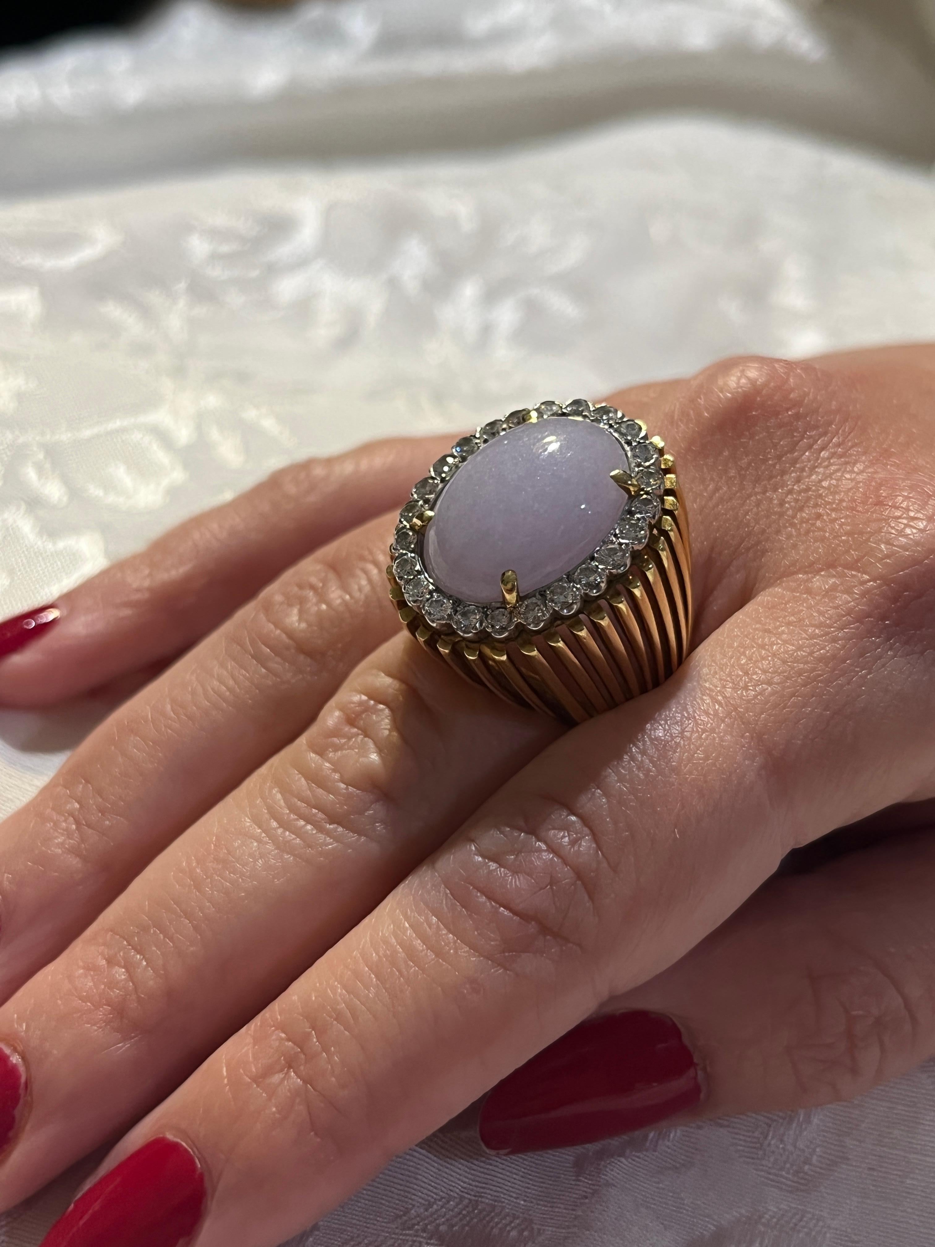 Certified Vintage Caged Line Ring Shank with Oval Cabochon Lavender Type A Jade For Sale 1
