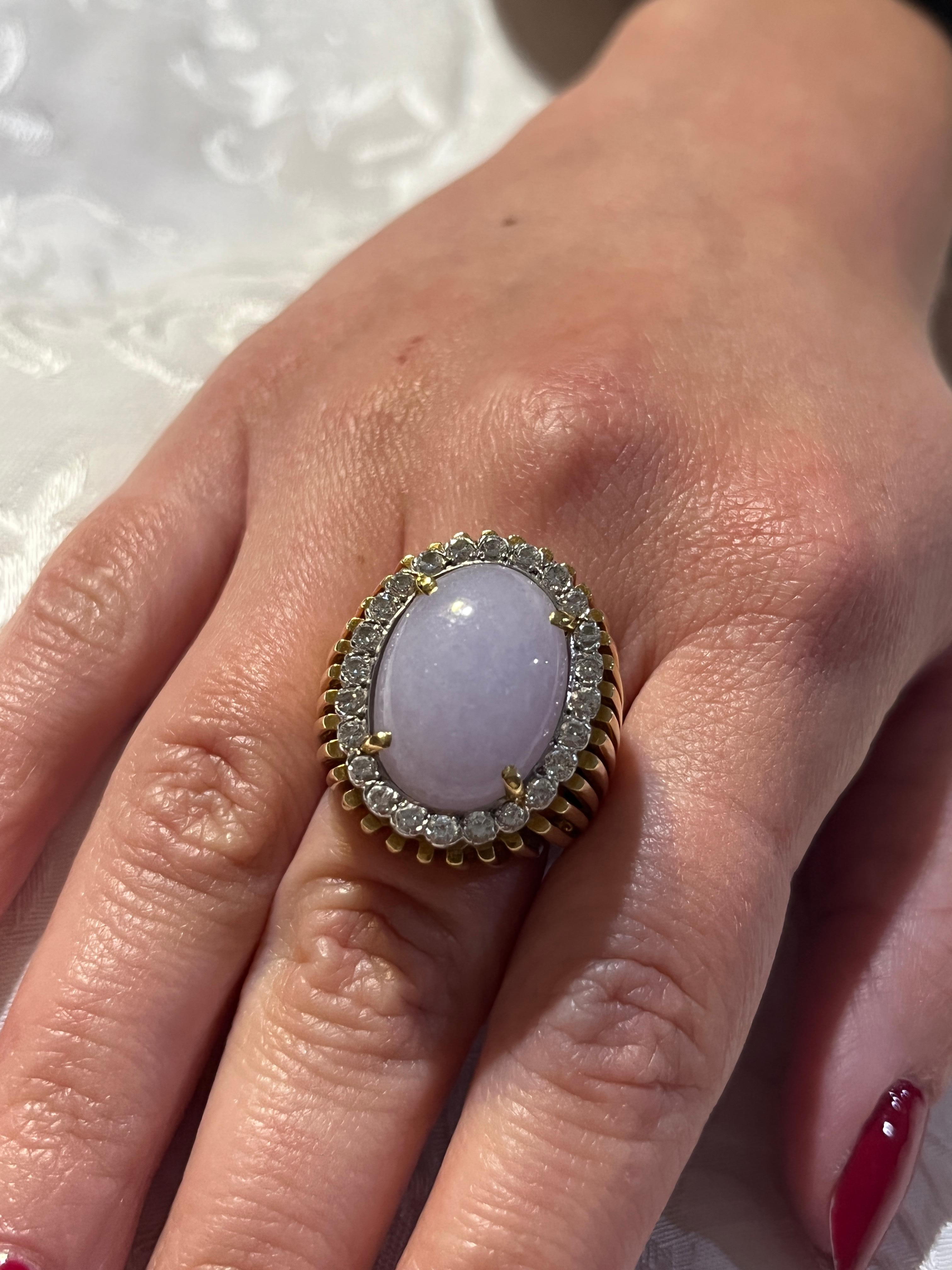 Certified Vintage Caged Line Ring Shank with Oval Cabochon Lavender Type A Jade For Sale 2