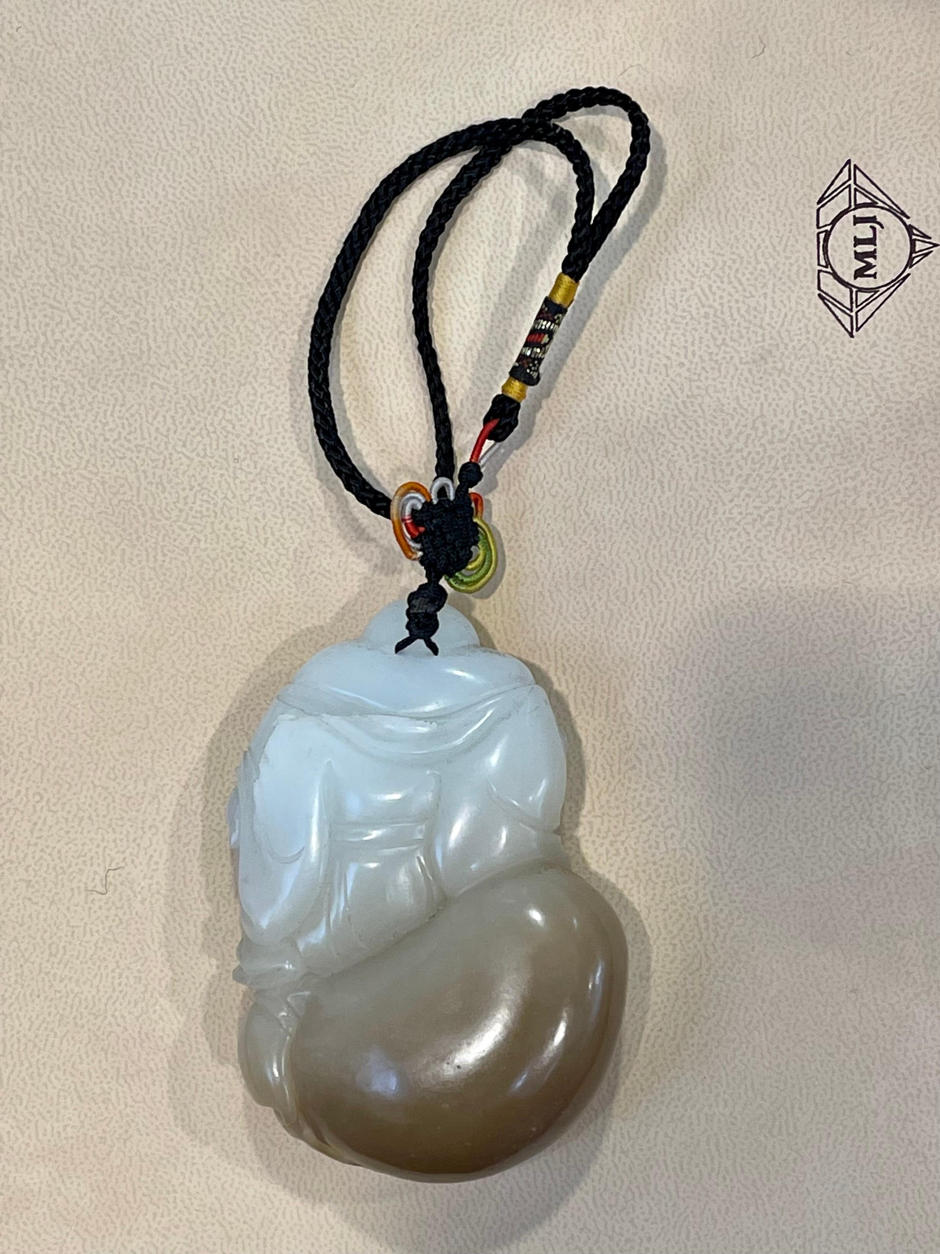 Certified Vintage Carved Jade Laughing Buddha Large Pendant / Necklace / Hanging For Sale 2