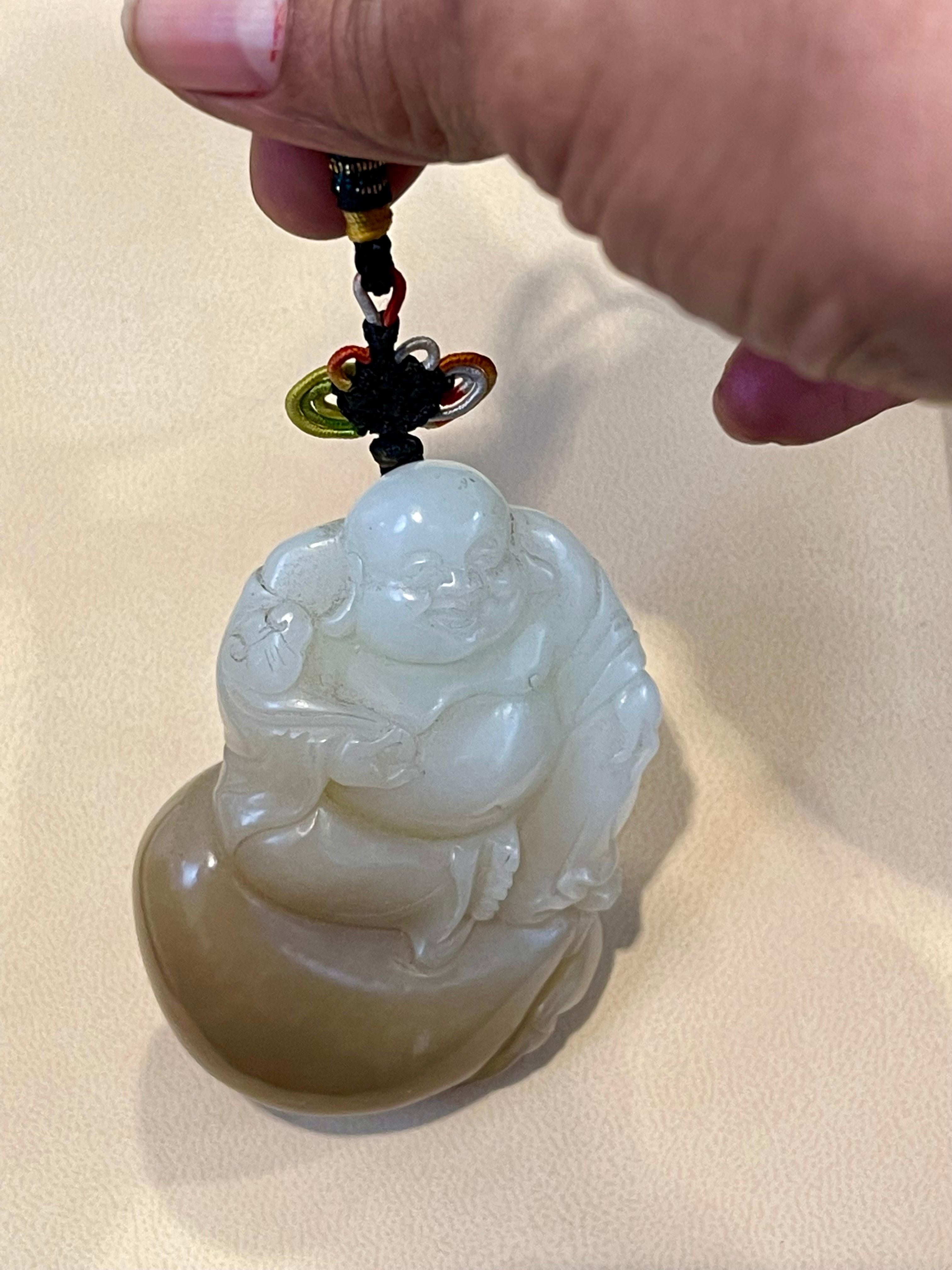 Portrait Cut Certified Vintage Carved Jade Laughing Buddha Large Pendant / Necklace / Hanging For Sale