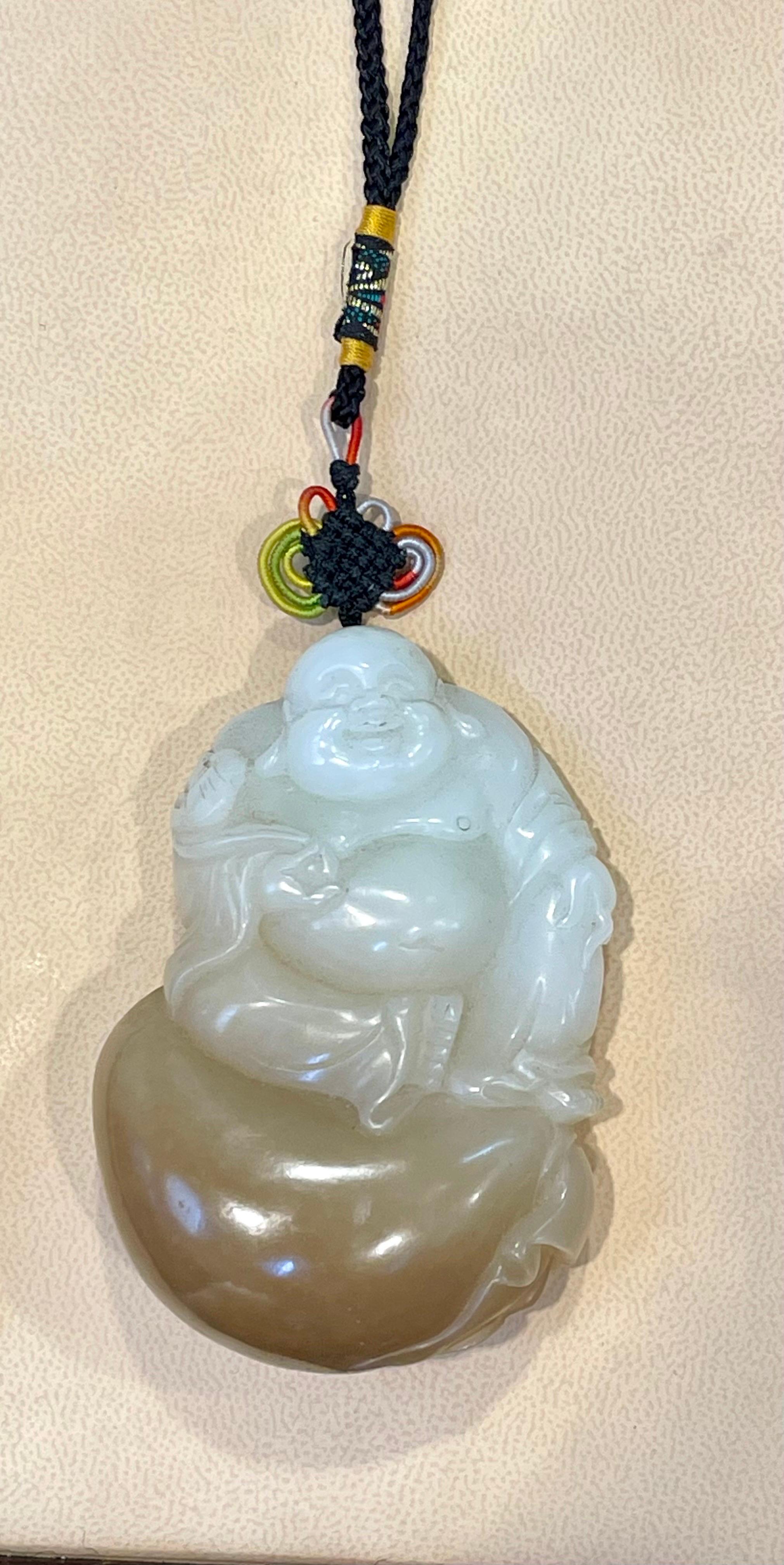 Certified Vintage Carved Jade Laughing Buddha Large Pendant / Necklace / Hanging In Excellent Condition For Sale In New York, NY