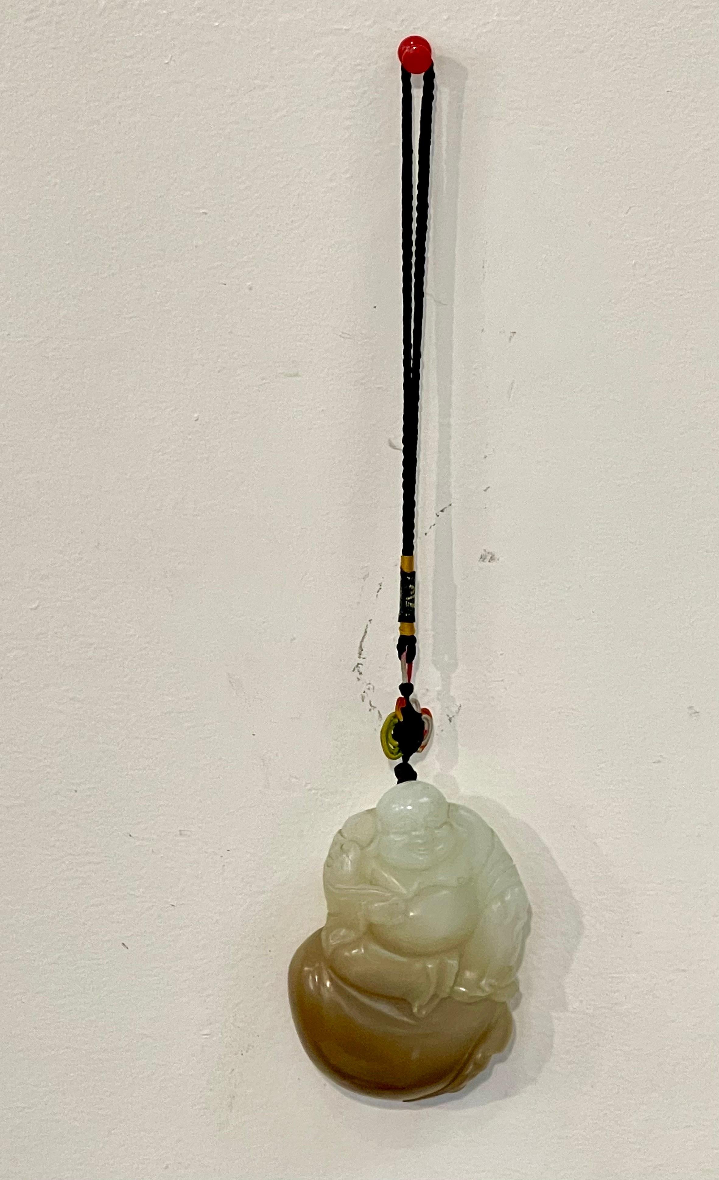 Women's or Men's Certified Vintage Carved Jade Laughing Buddha Large Pendant / Necklace / Hanging For Sale