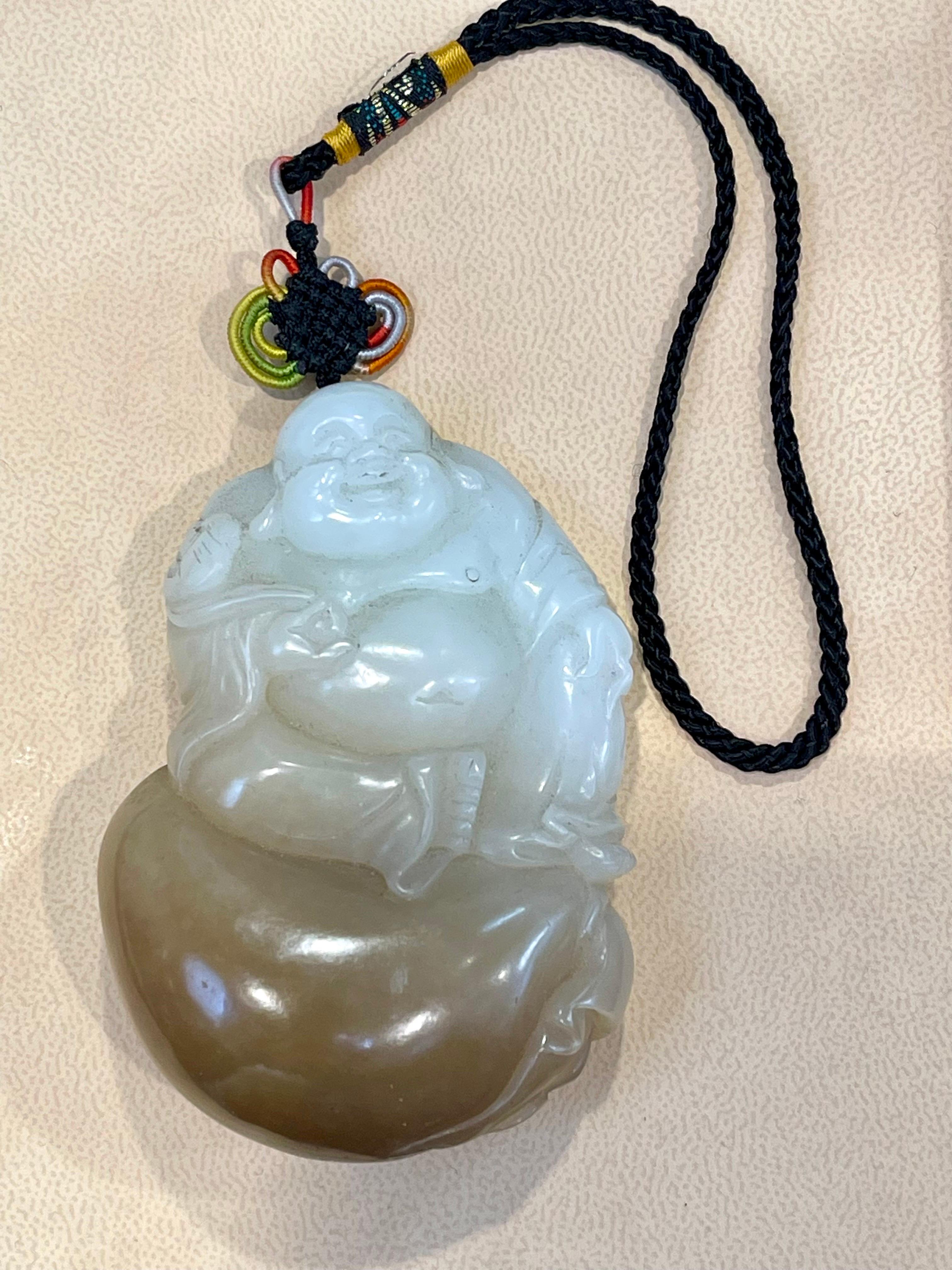 Certified Vintage Carved Jade Laughing Buddha Large Pendant / Necklace / Hanging For Sale 1