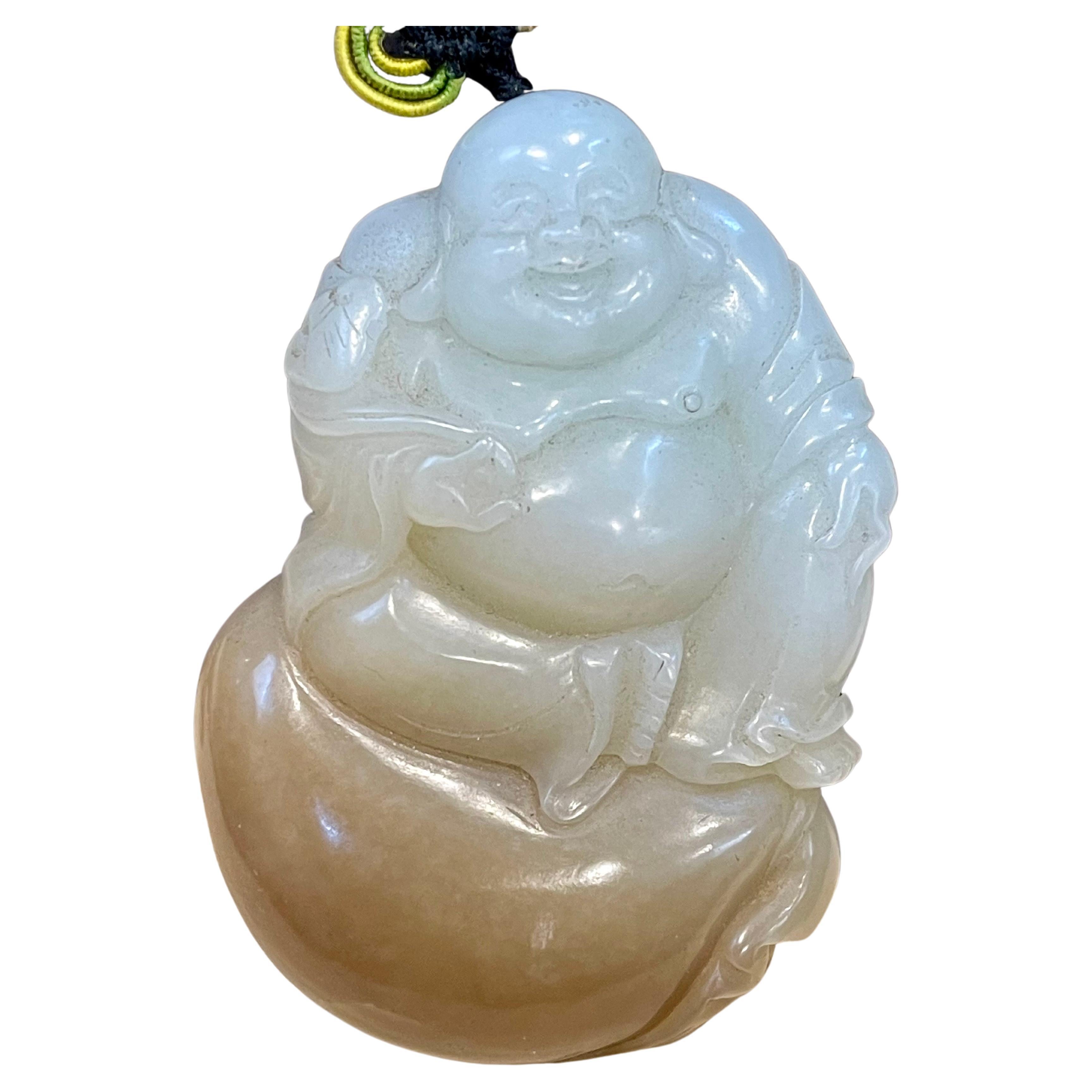 Certified Vintage Carved Jade Laughing Buddha Large Pendant / Necklace / Hanging For Sale
