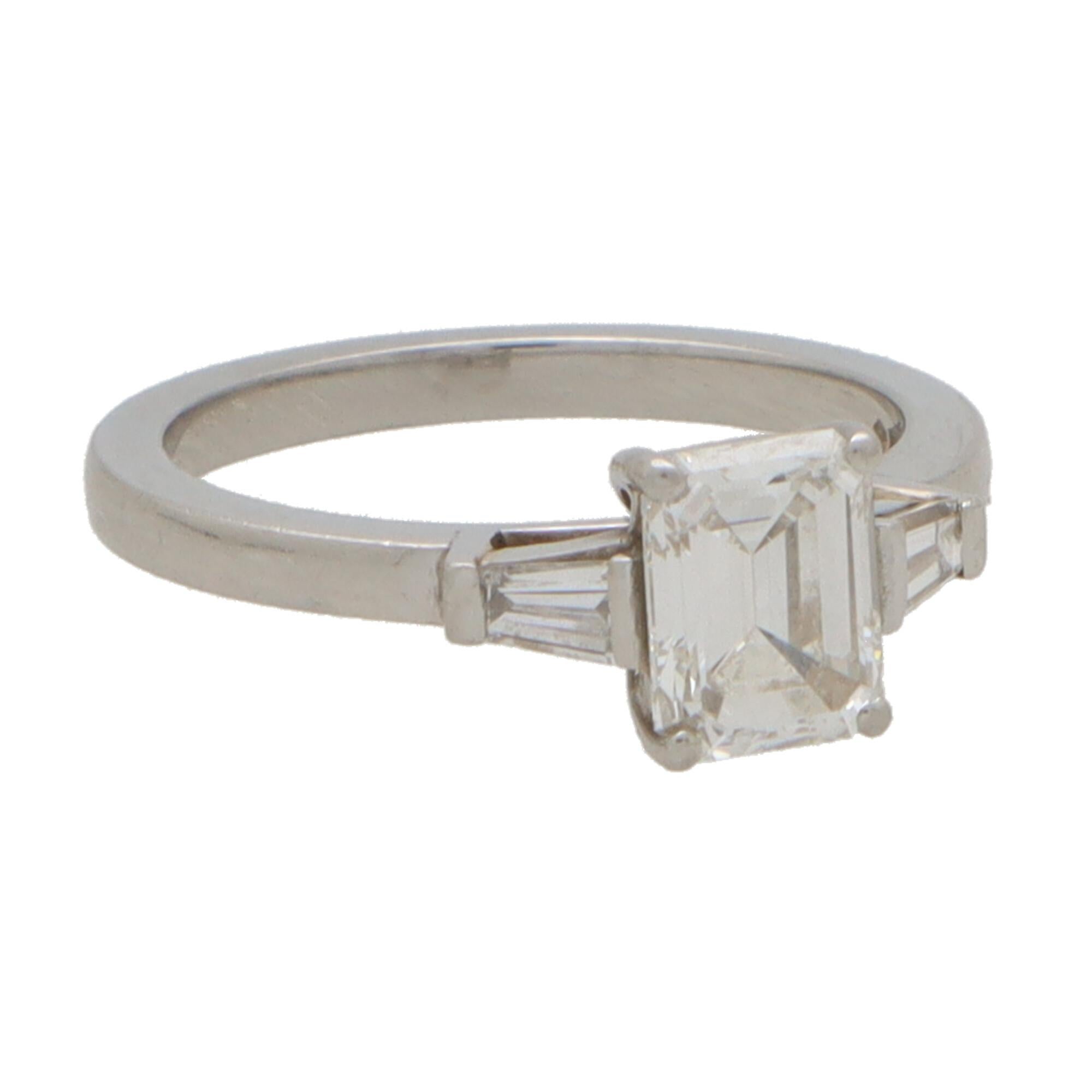 Modern Certified Vintage Emerald Cut Diamond Ring Set in Platinum For Sale