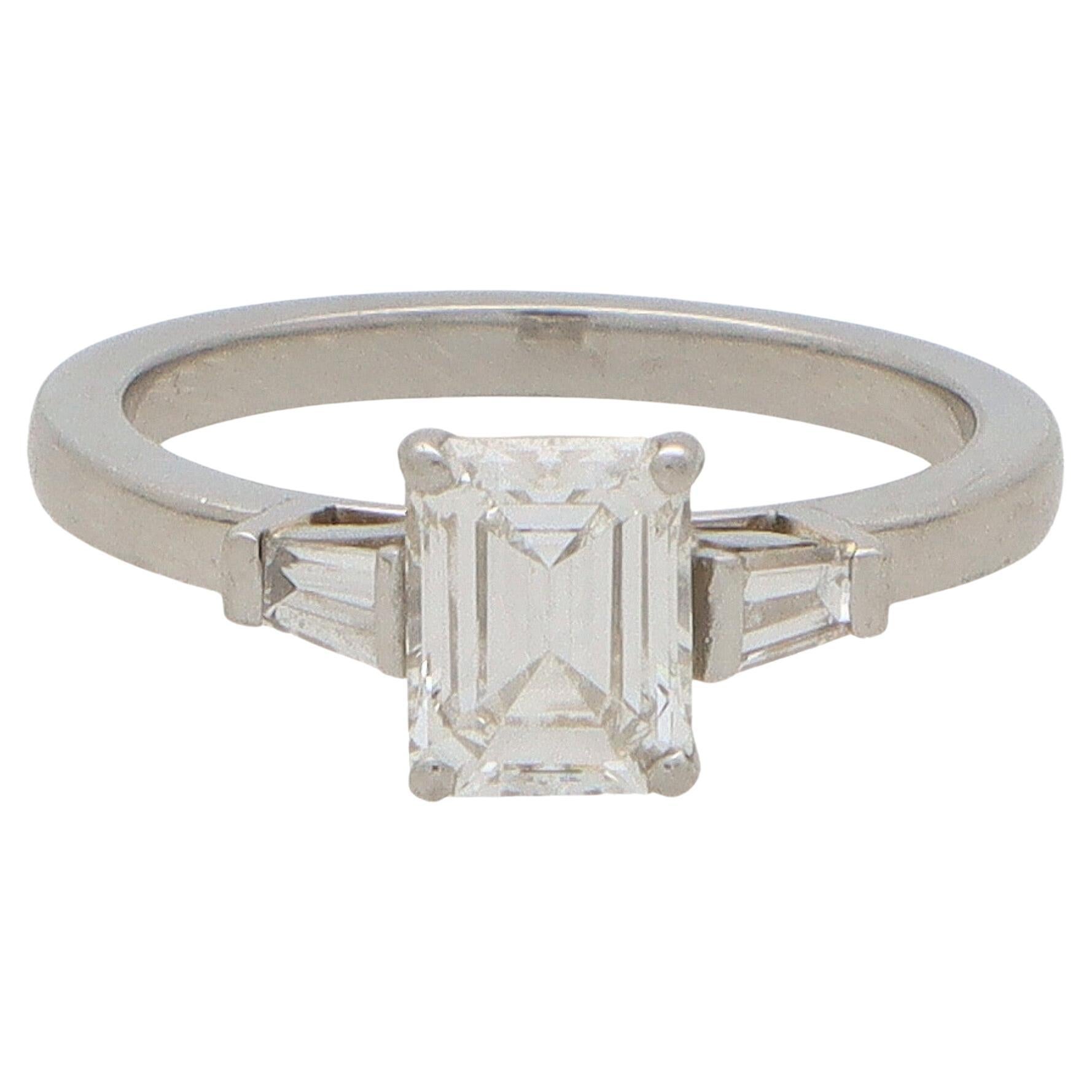 Certified Vintage Emerald Cut Diamond Ring Set in Platinum For Sale