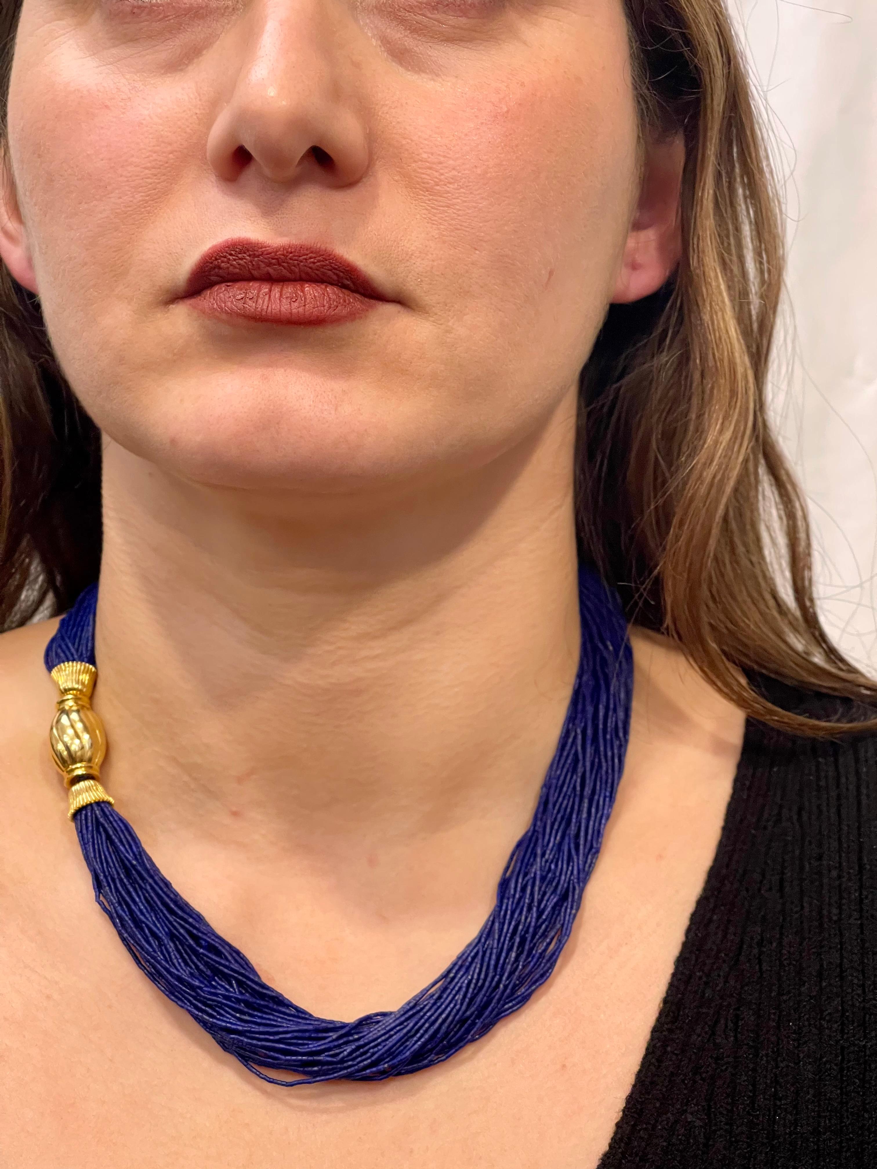 Certified Vintage Lapis Lazuli Multi Strand Necklace 14 Kt Yellow Gold Clasp For Sale 4