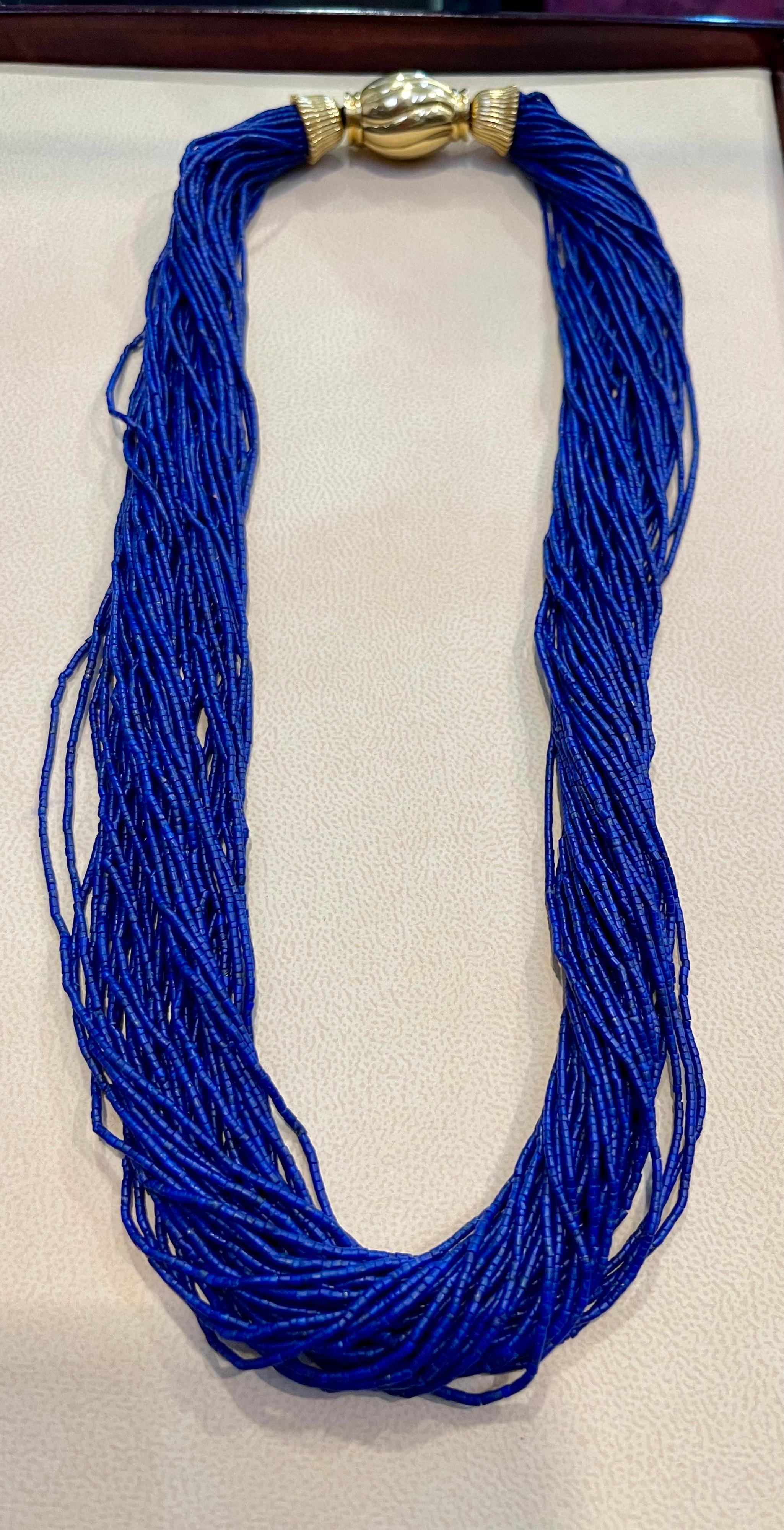Certified Vintage Lapis Lazuli Multi Strand Necklace 14 Kt Yellow Gold Clasp For Sale 6