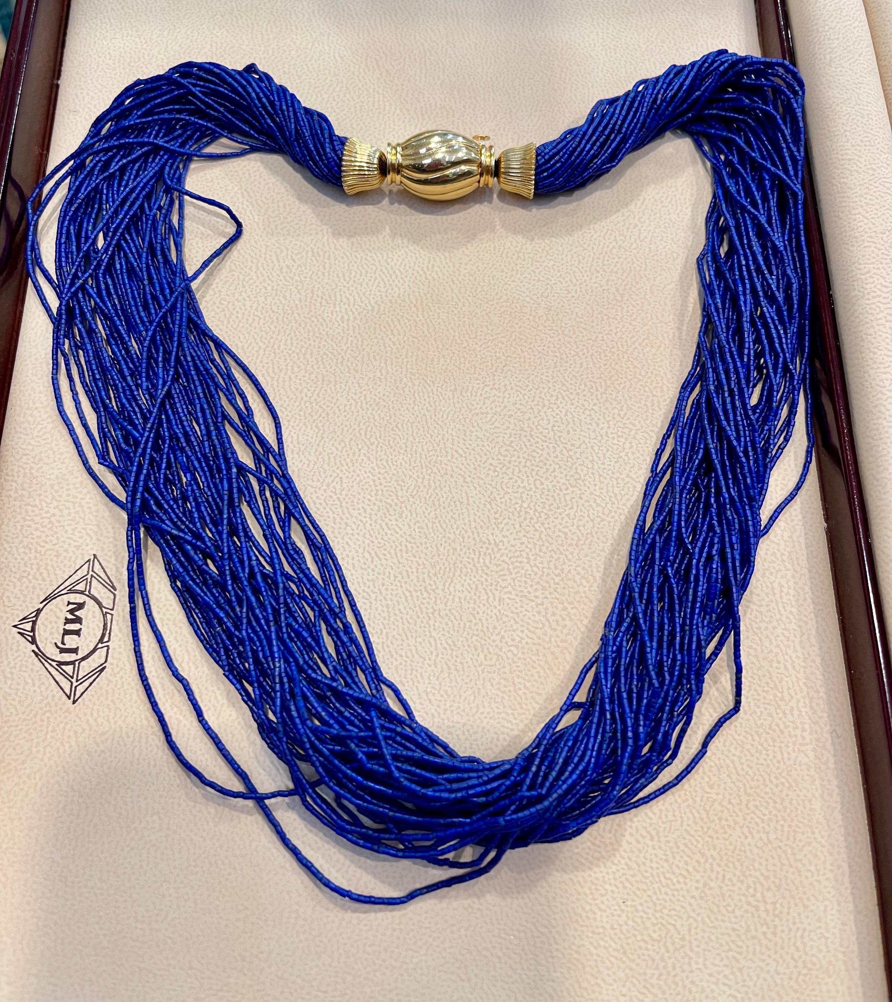 Certified Vintage Lapis Lazuli Multi Strand Necklace 14 Kt Yellow Gold Clasp For Sale 8