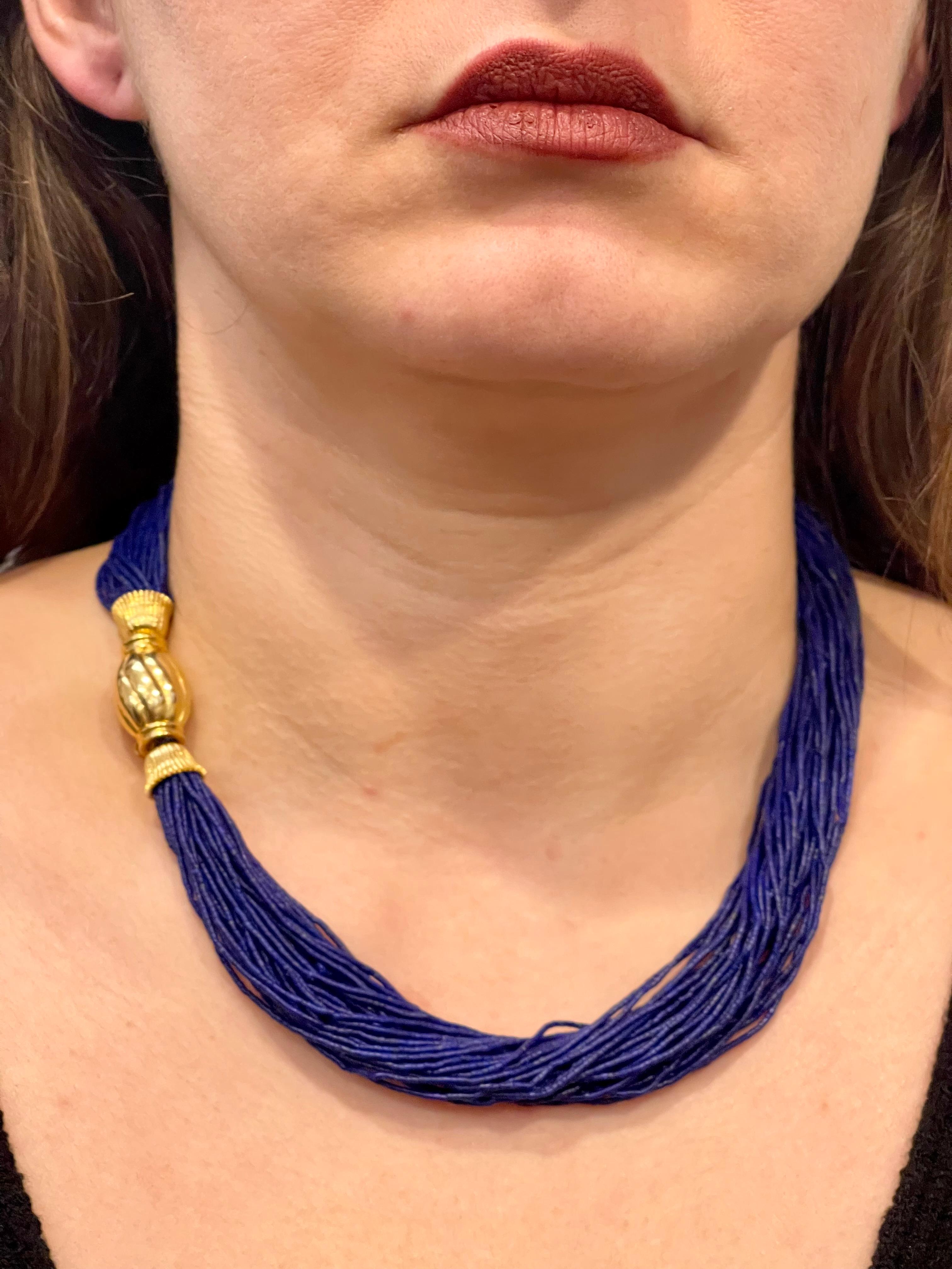Certified Vintage Lapis Lazuli Multi Strand Necklace 14 Kt Yellow Gold Clasp For Sale 9