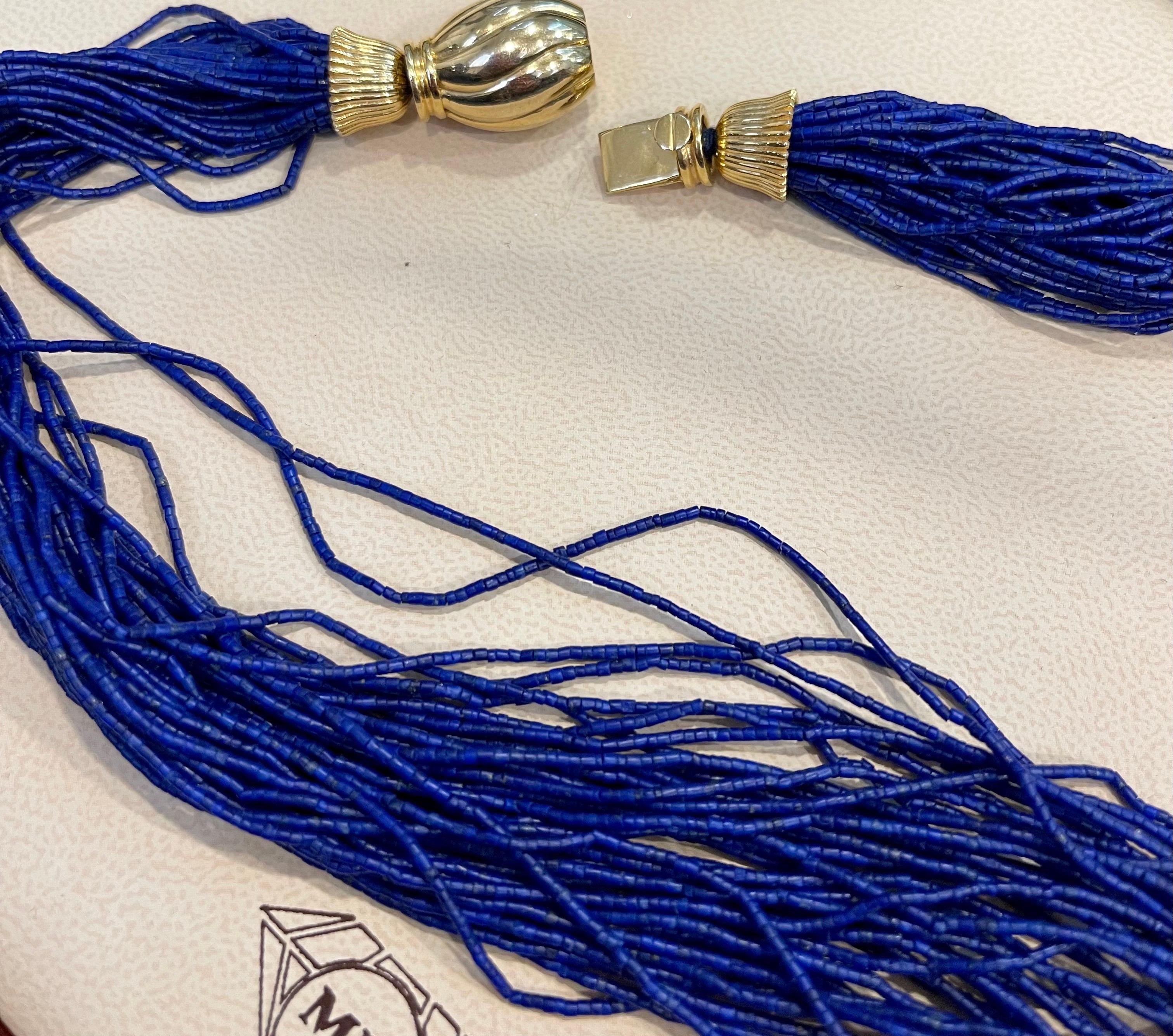 Certified Vintage Lapis Lazuli Multi Strand Necklace 14 Kt Yellow Gold Clasp For Sale 11