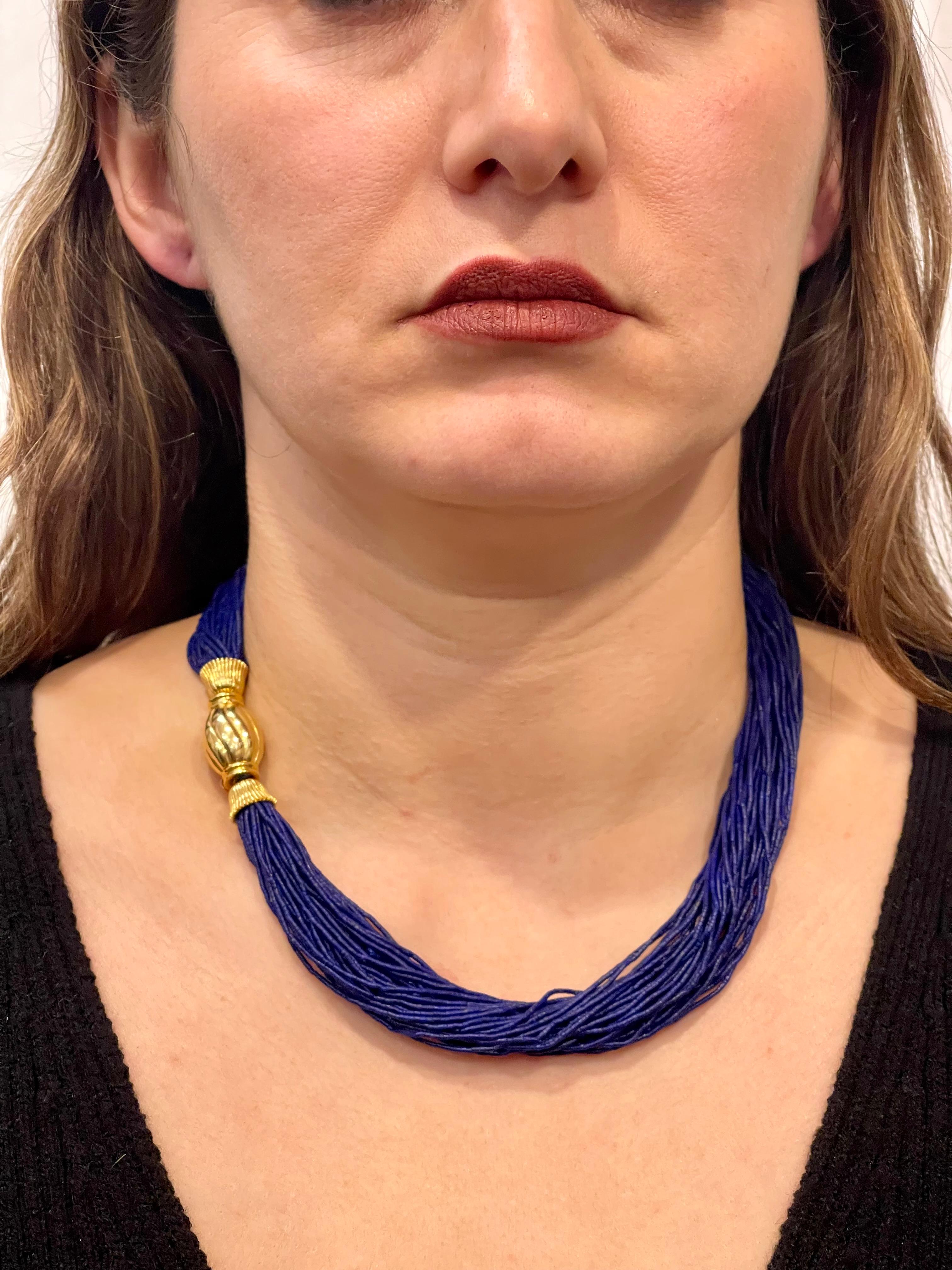 zertifizierte Vintage Lapislazuli Multistrang Halskette 14 Kt Gelbgold Verschluss im Angebot 14