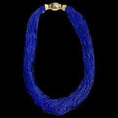 Certified Vintage Lapis Lazuli Multi Strand Necklace 14 Kt Yellow Gold Clasp