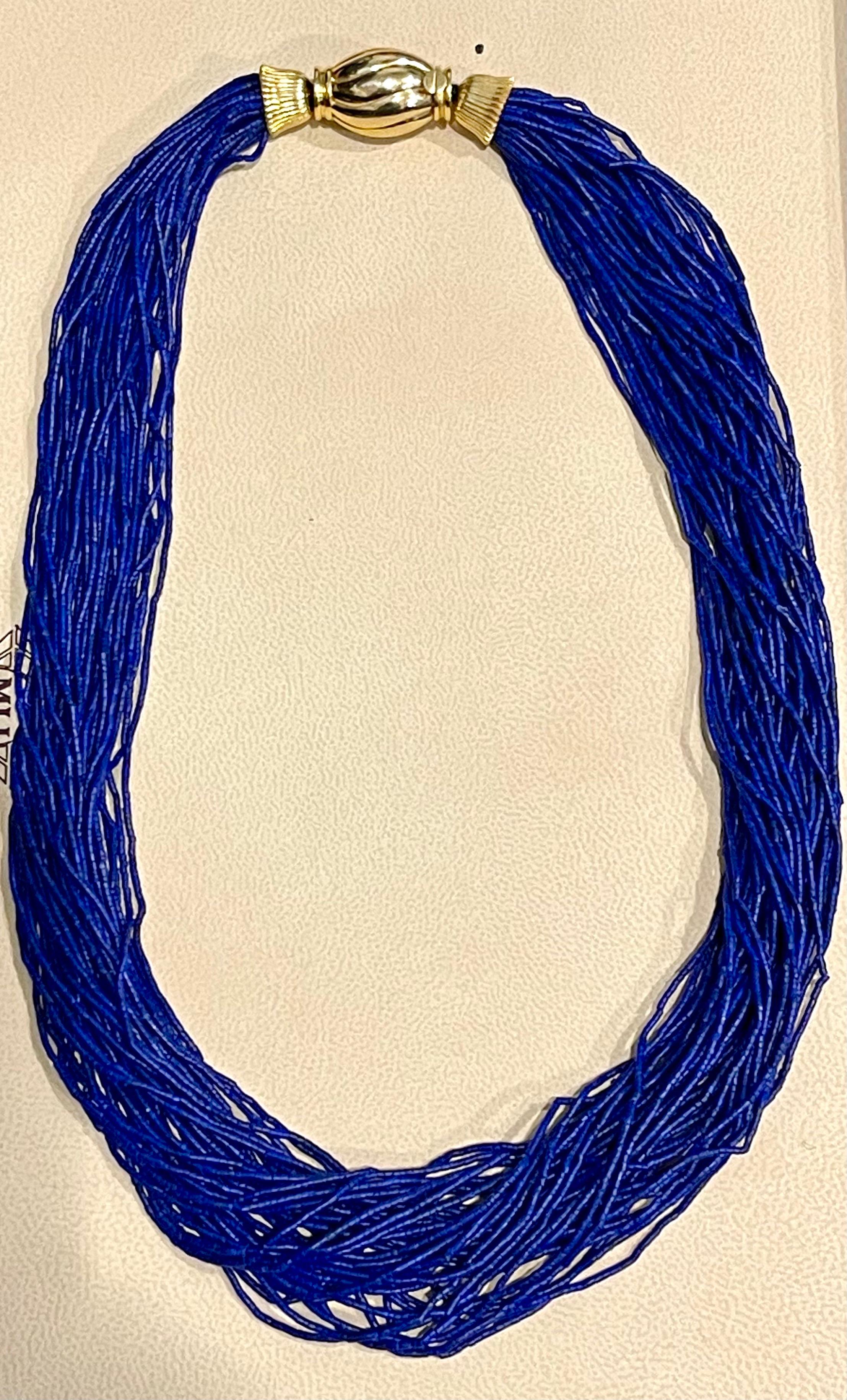Certified Vintage Lapis Lazuli Multi Strand Necklace 14 Kt Yellow Gold Clasp In Excellent Condition For Sale In New York, NY
