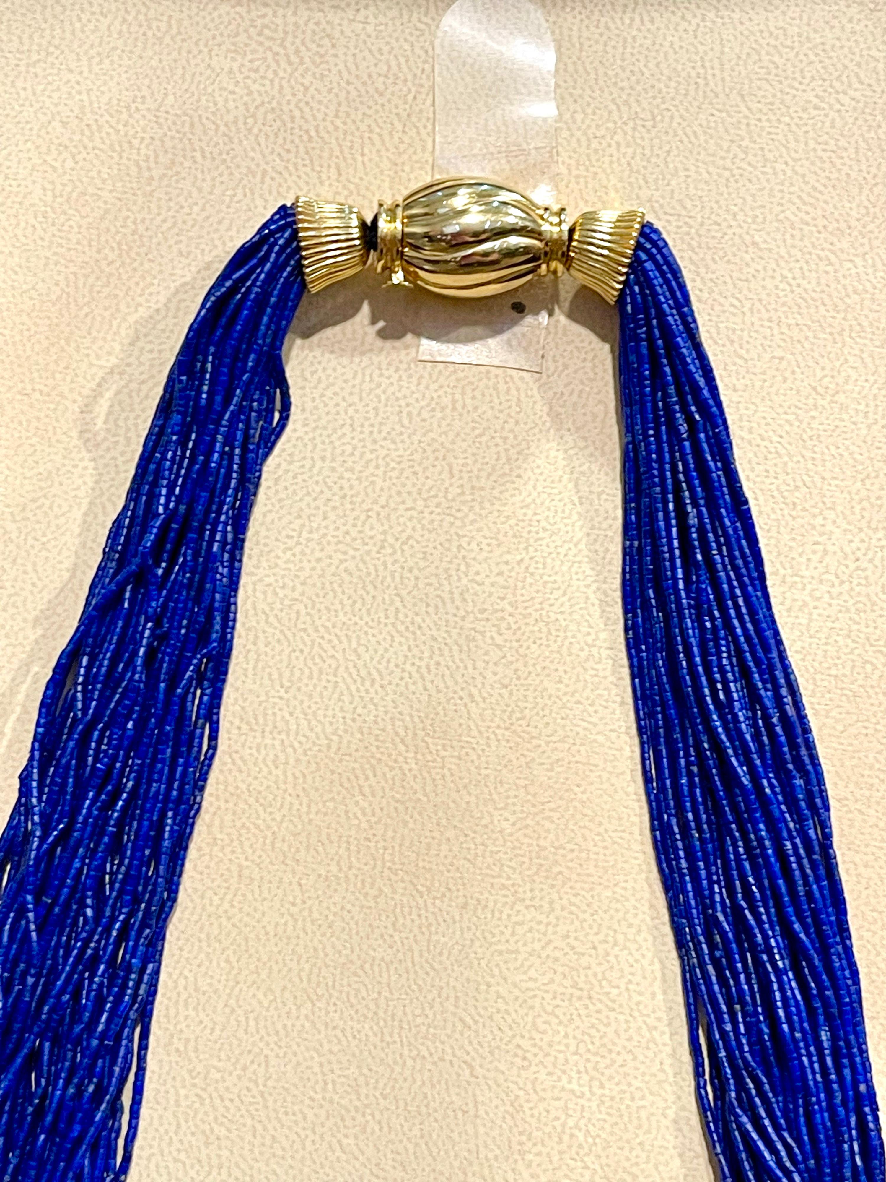 Women's Certified Vintage Lapis Lazuli Multi Strand Necklace 14 Kt Yellow Gold Clasp For Sale