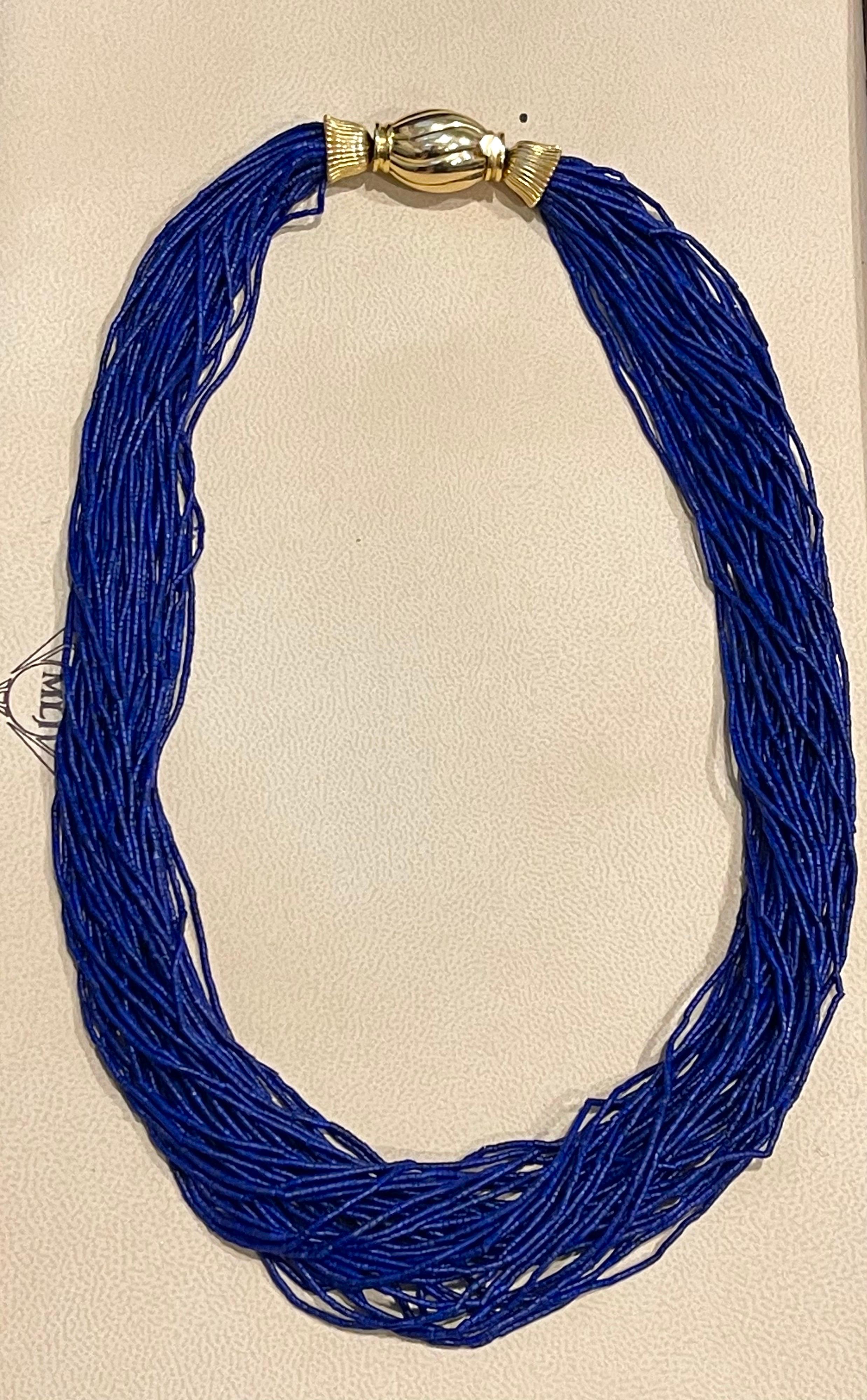 Certified Vintage Lapis Lazuli Multi Strand Necklace 14 Kt Yellow Gold Clasp For Sale 2
