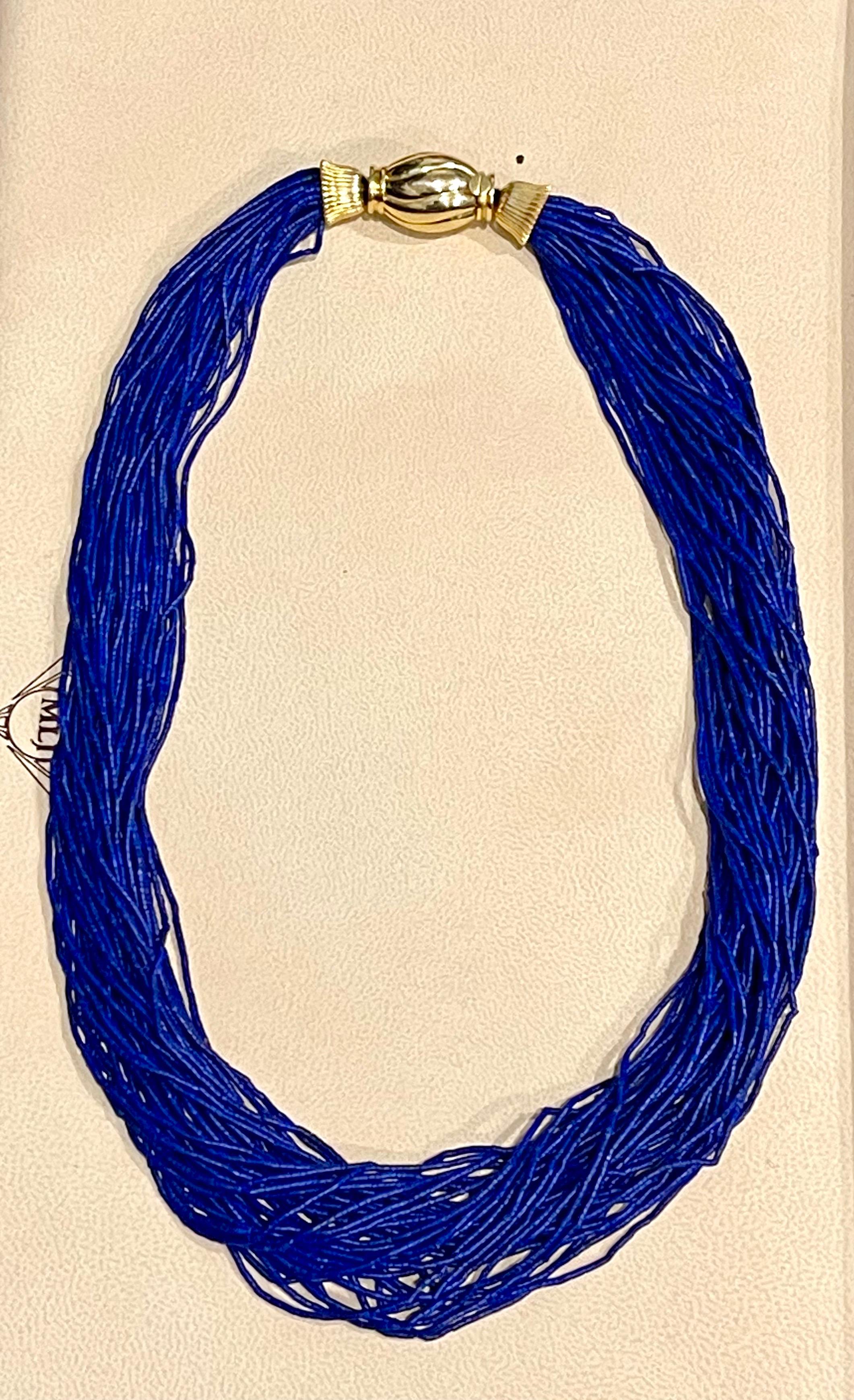 Certified Vintage Lapis Lazuli Multi Strand Necklace 14 Kt Yellow Gold Clasp For Sale 3