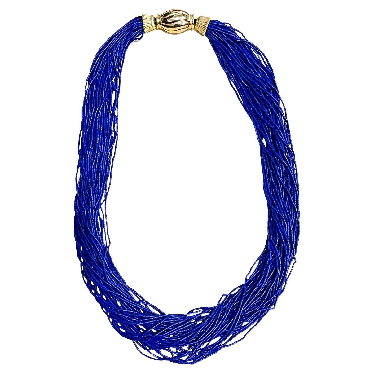 Certified Vintage Lapis Lazuli Multi Strand Necklace 14 Kt Yellow Gold Clasp