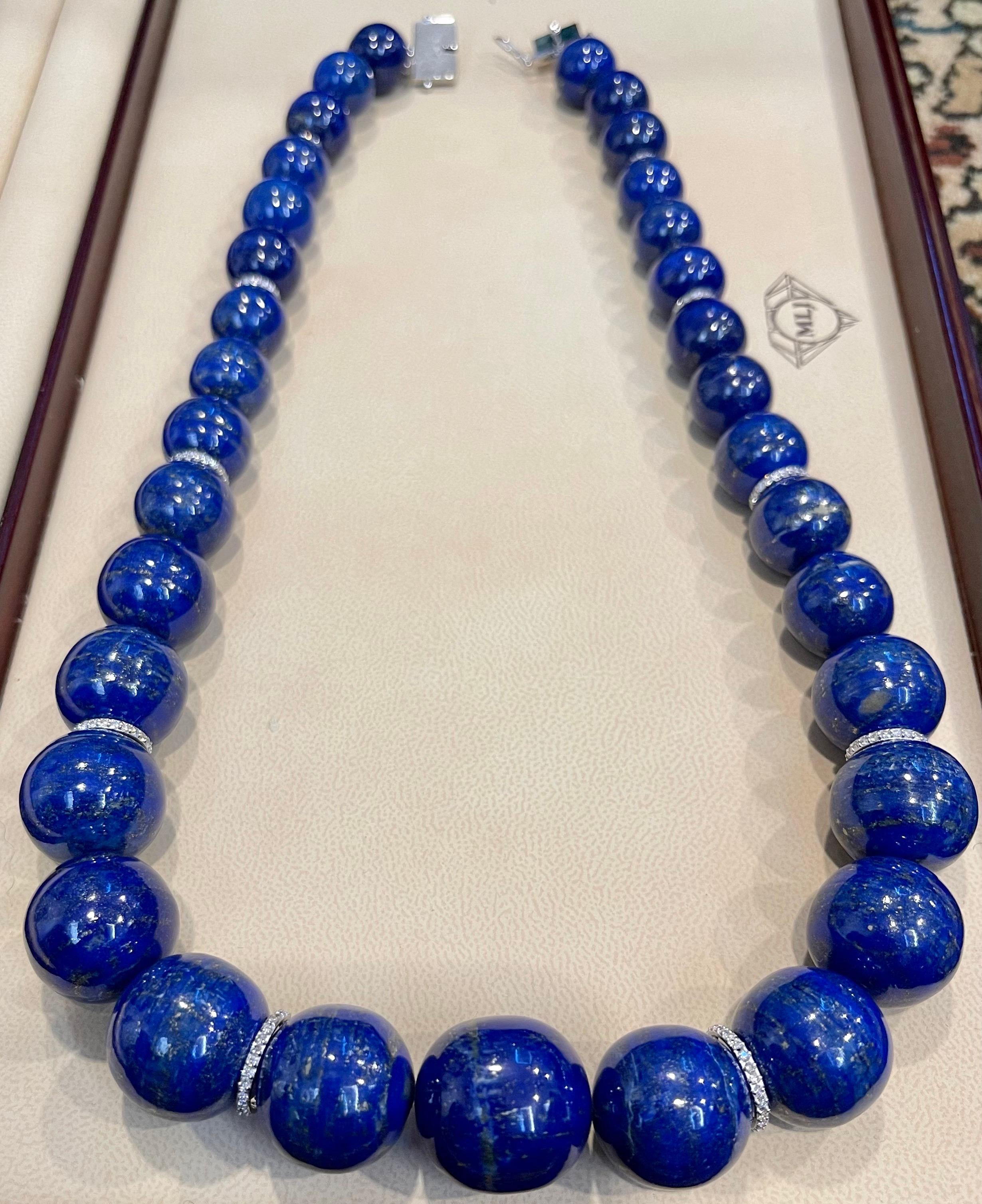 Certified Vintage Lapis Lazuli Single Strand Diamond Necklace 14 Kt White Gold For Sale 3