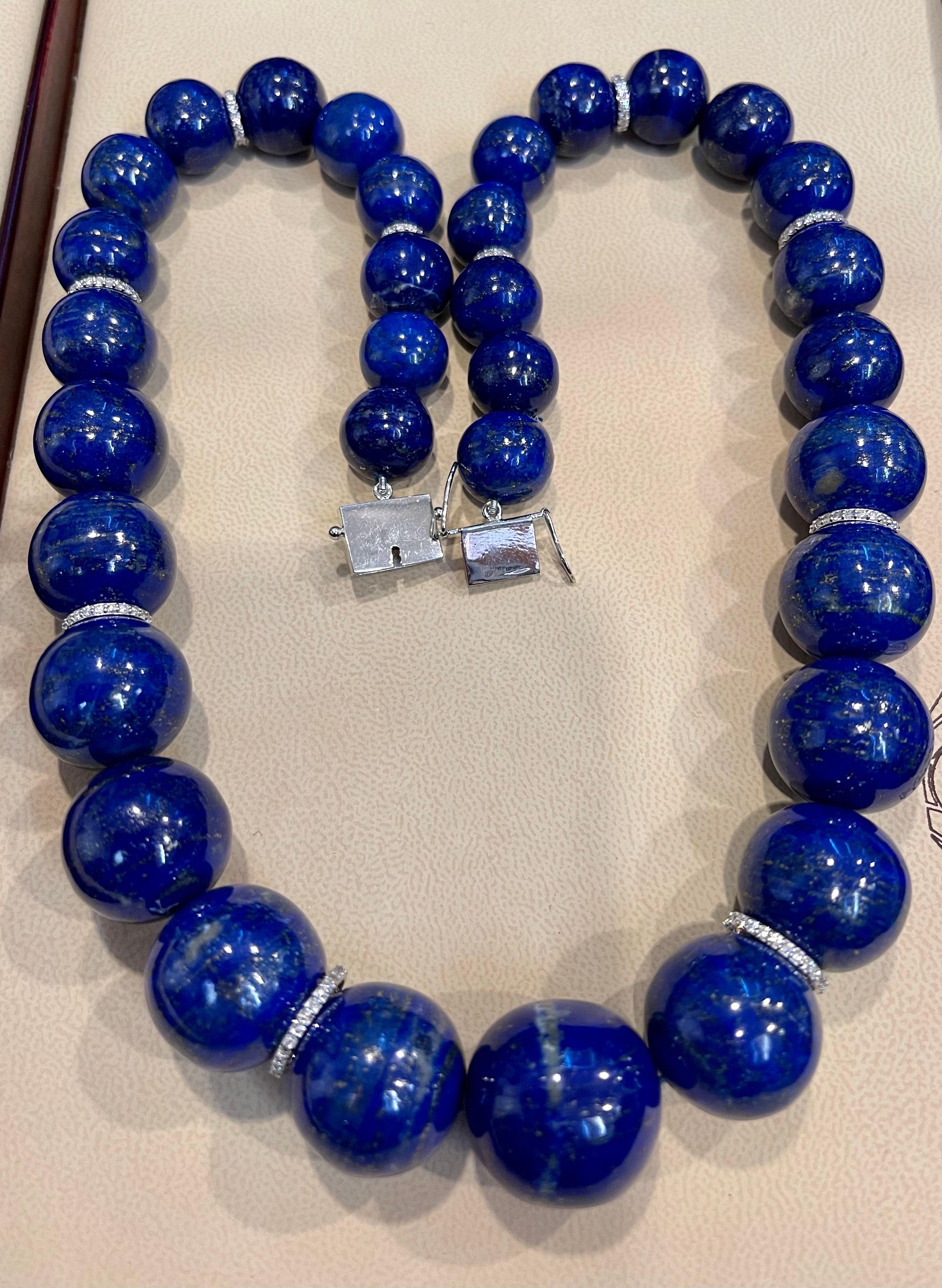 Certified Vintage Lapis Lazuli Single Strand Diamond Necklace 14 Kt White Gold For Sale 5