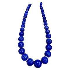 Certified Vintage Lapis Lazuli Single Strand Diamond Necklace 14 Kt White Gold