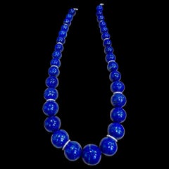 Certified Vintage Lapis Lazuli Single Strand Diamond Necklace 14 Kt White Gold