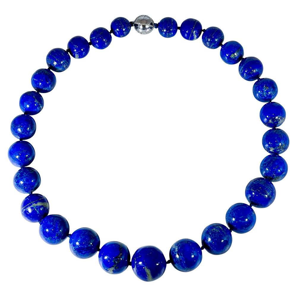 Certified Vintage Lapis Lazuli Single Strand  Diamond Necklace 14 Kt White Gold In Excellent Condition For Sale In New York, NY