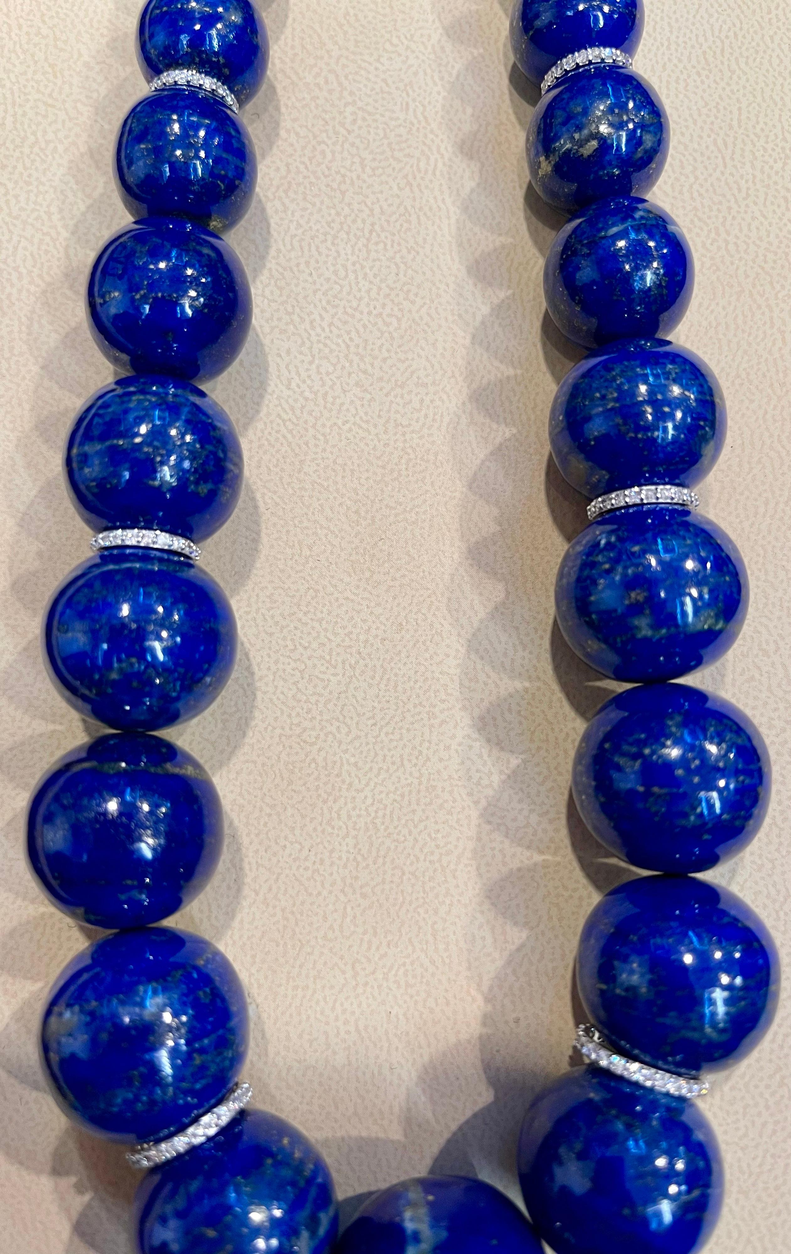 Round Cut Certified Vintage Lapis Lazuli Single Strand Diamond Necklace 14 Kt White Gold For Sale
