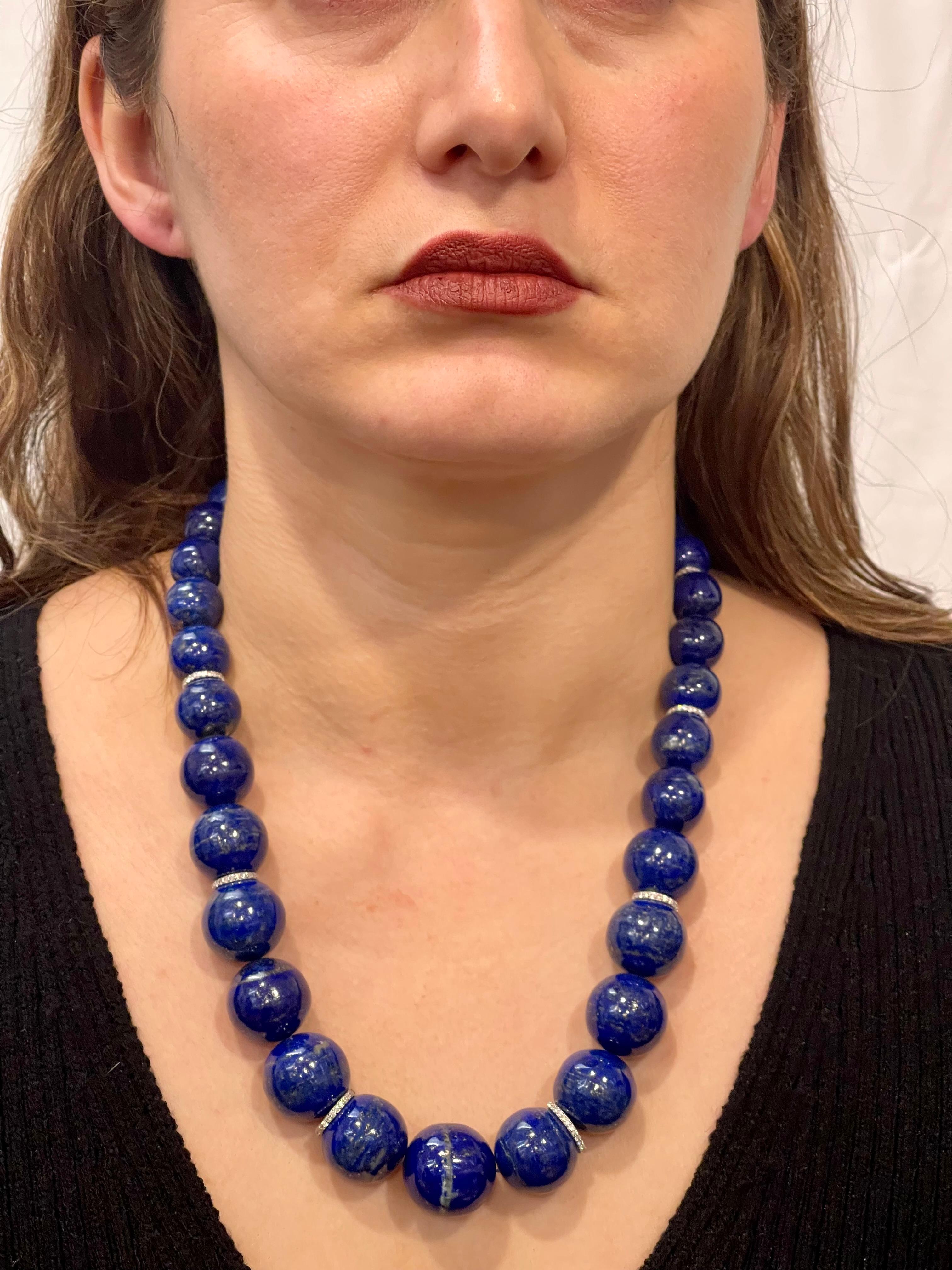 Certified Vintage Lapis Lazuli Single Strand Diamond Necklace 14 Kt White Gold In Excellent Condition For Sale In New York, NY
