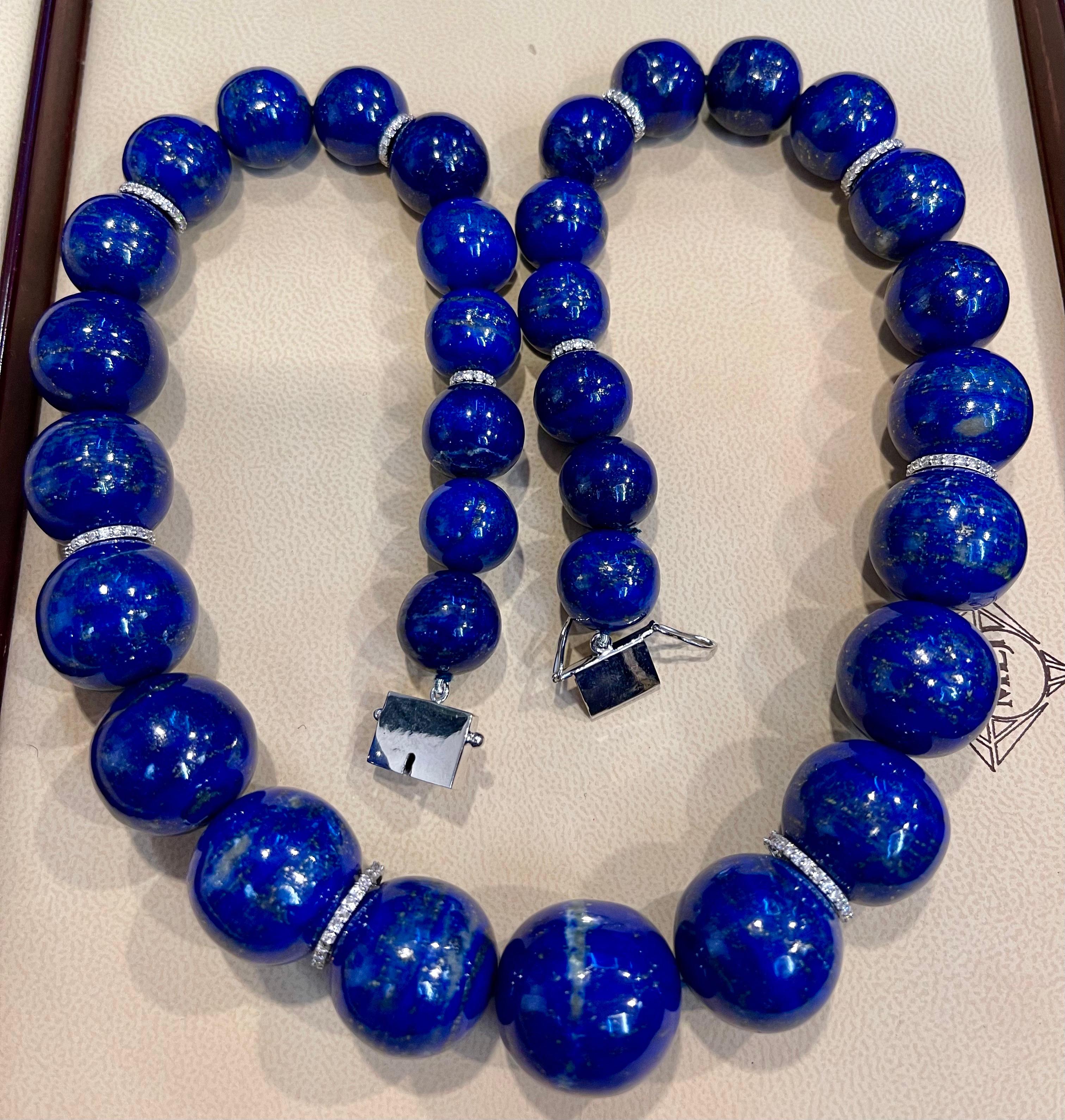 Women's Certified Vintage Lapis Lazuli Single Strand Diamond Necklace 14 Kt White Gold For Sale