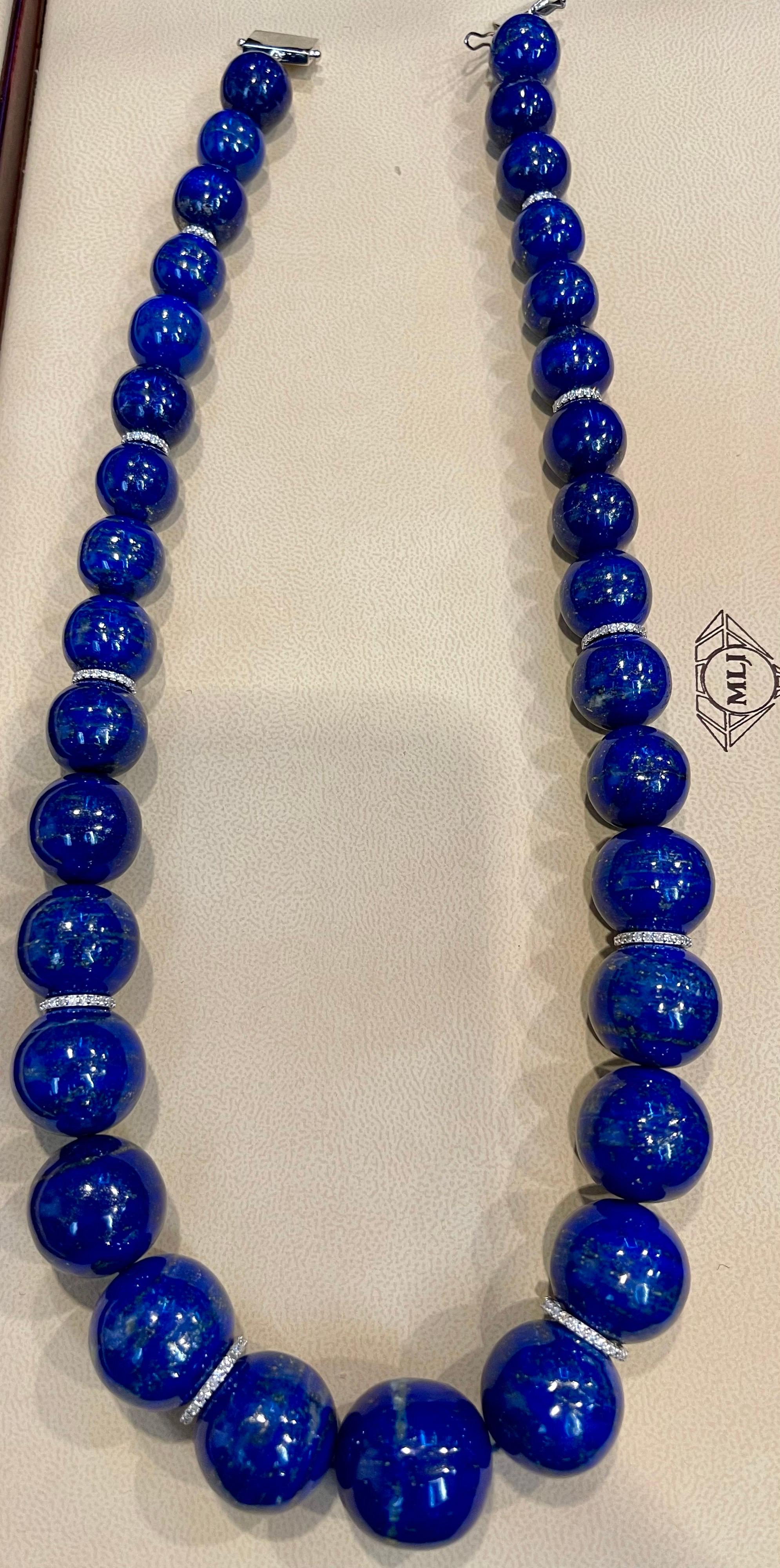 Certified Vintage Lapis Lazuli Single Strand Diamond Necklace 14 Kt White Gold For Sale 1