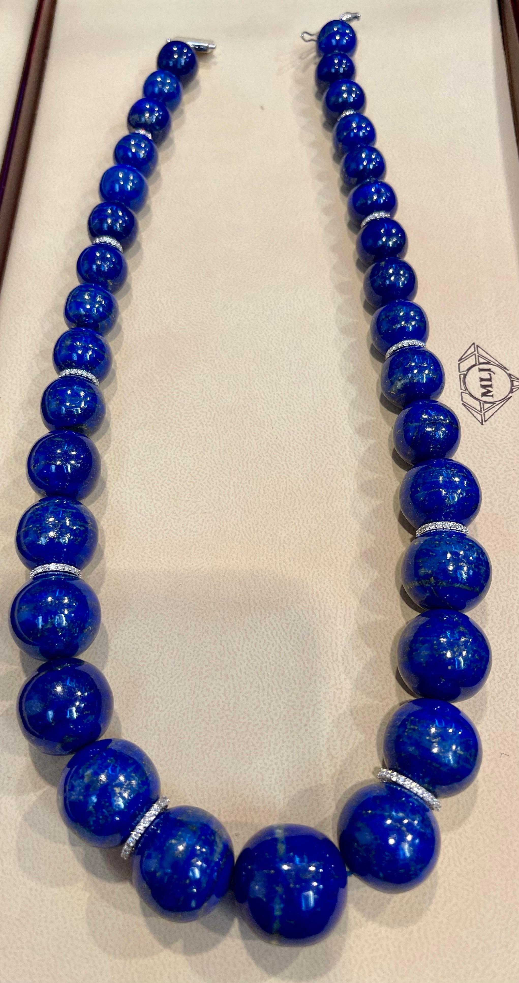 Certified Vintage Lapis Lazuli Single Strand Diamond Necklace 14 Kt White Gold For Sale 3