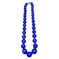 Certified Vintage Lapis Lazuli Single Strand  Diamond Necklace 14 Kt White Gold