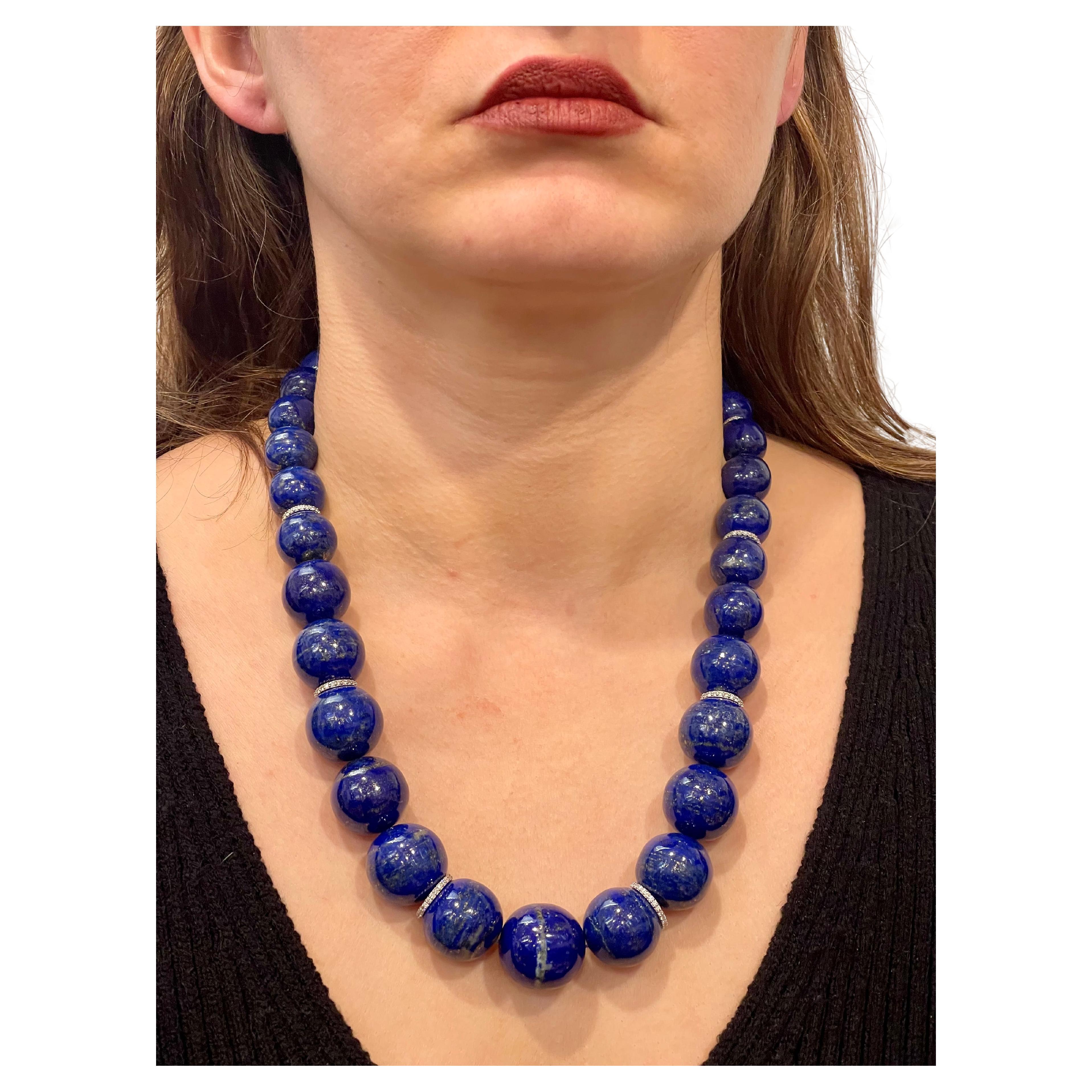 Zertifizierte Vintage Lapislazuli-Diamant-Halskette, einreihig, 14 Kt Weißgold