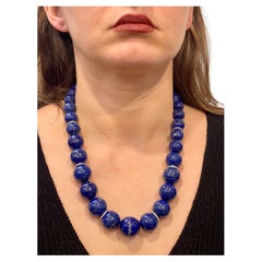 Zertifizierte Vintage Lapislazuli-Diamant-Halskette, einreihig, 14 Kt Weißgold