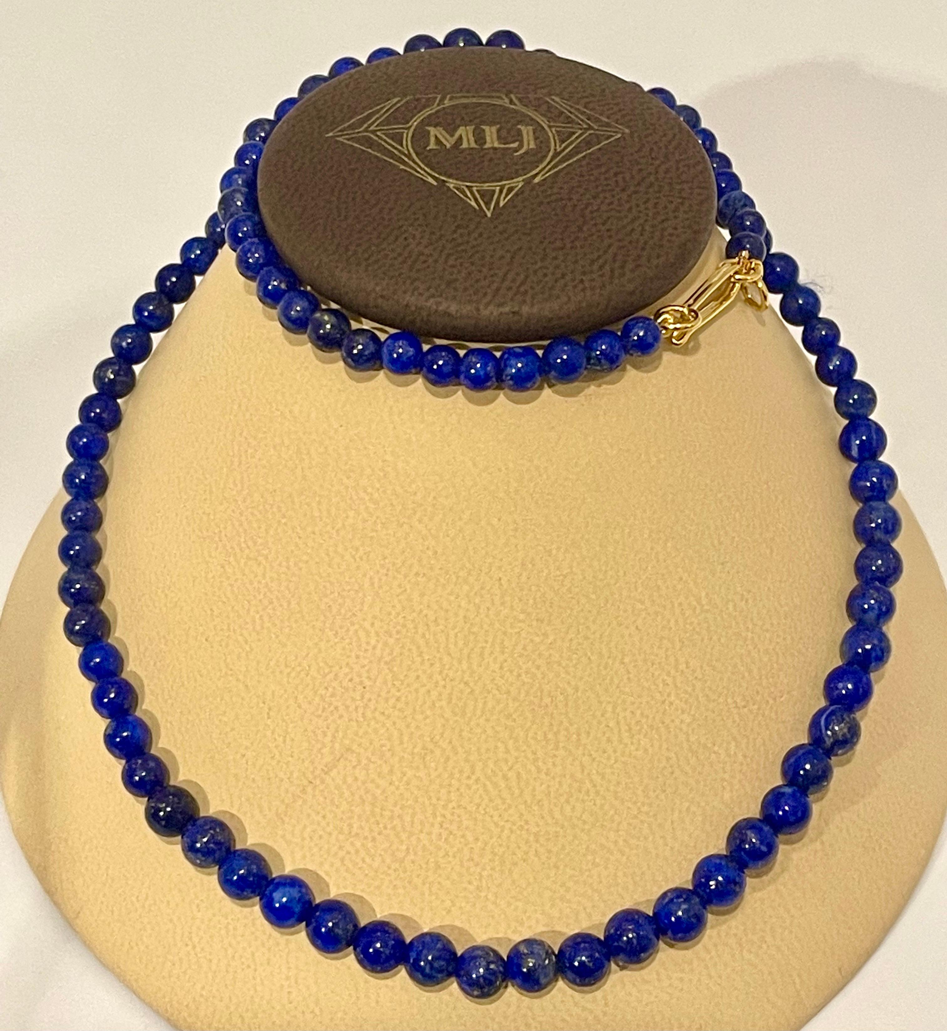Round Cut Certified Vintage Lapis Lazuli Single Strand Necklace 14 Kt Yellow Hook Clasp For Sale