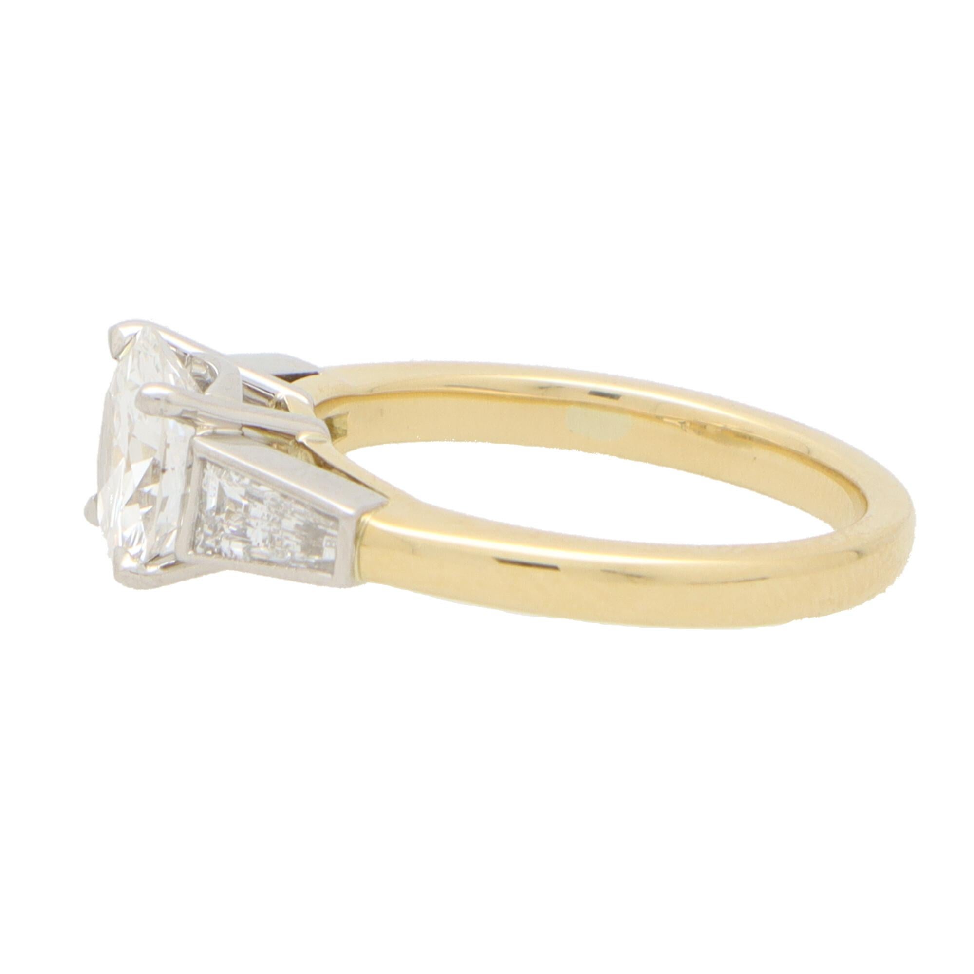 Modern Certified Vintage Round and Tapered Baguette Diamond Ring in 18k Gold & Platinum For Sale