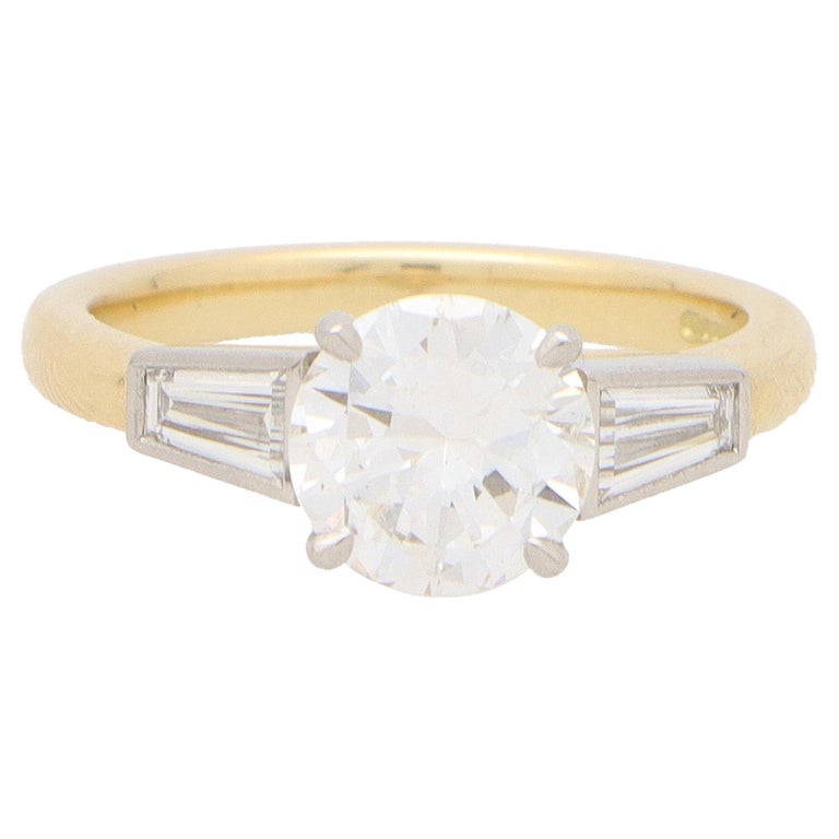 Certified Vintage Round and Tapered Baguette Diamond Ring in 18k