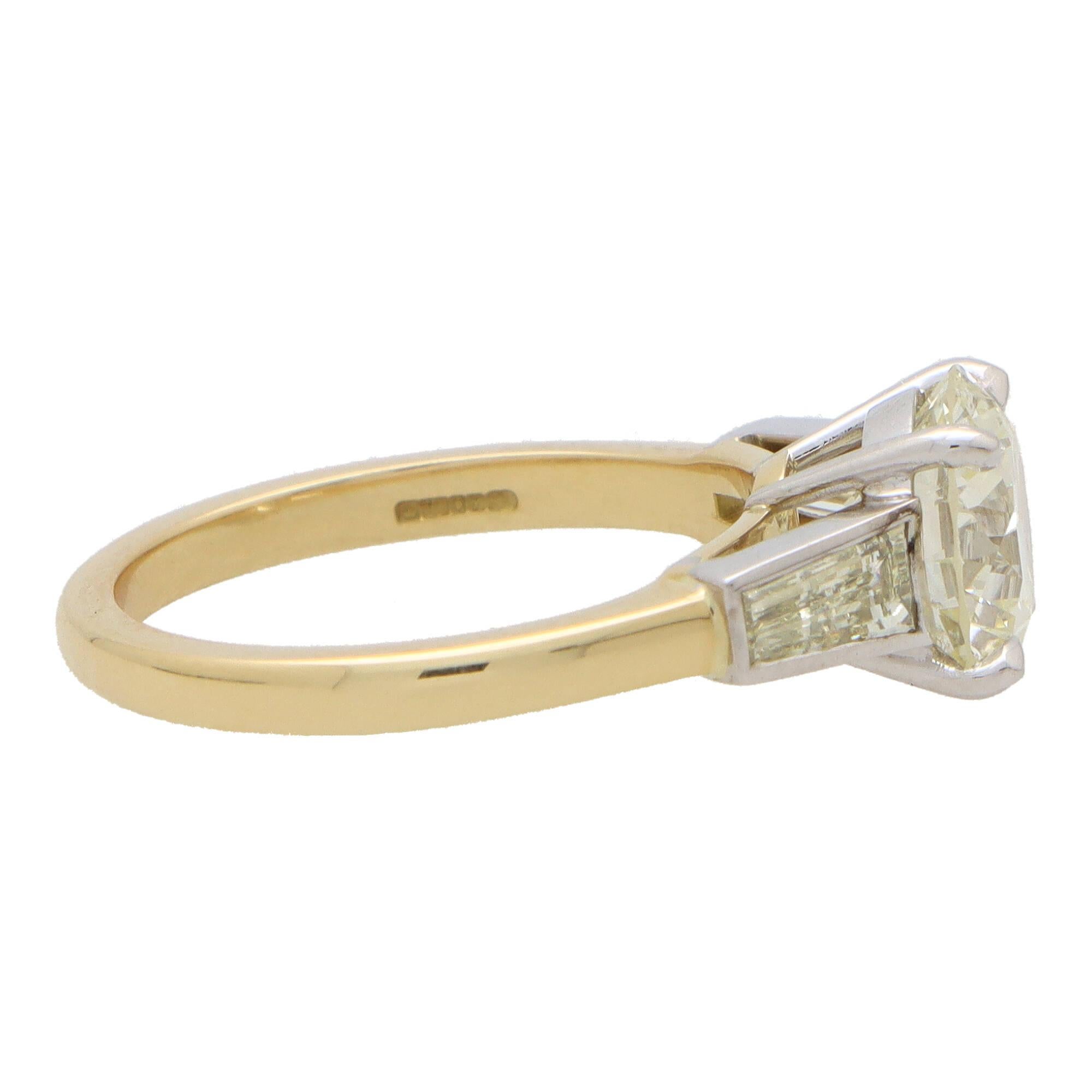 Round Cut Certified Vintage Round and Tapered Baguette Ring in Yellow Gold and Platinum For Sale