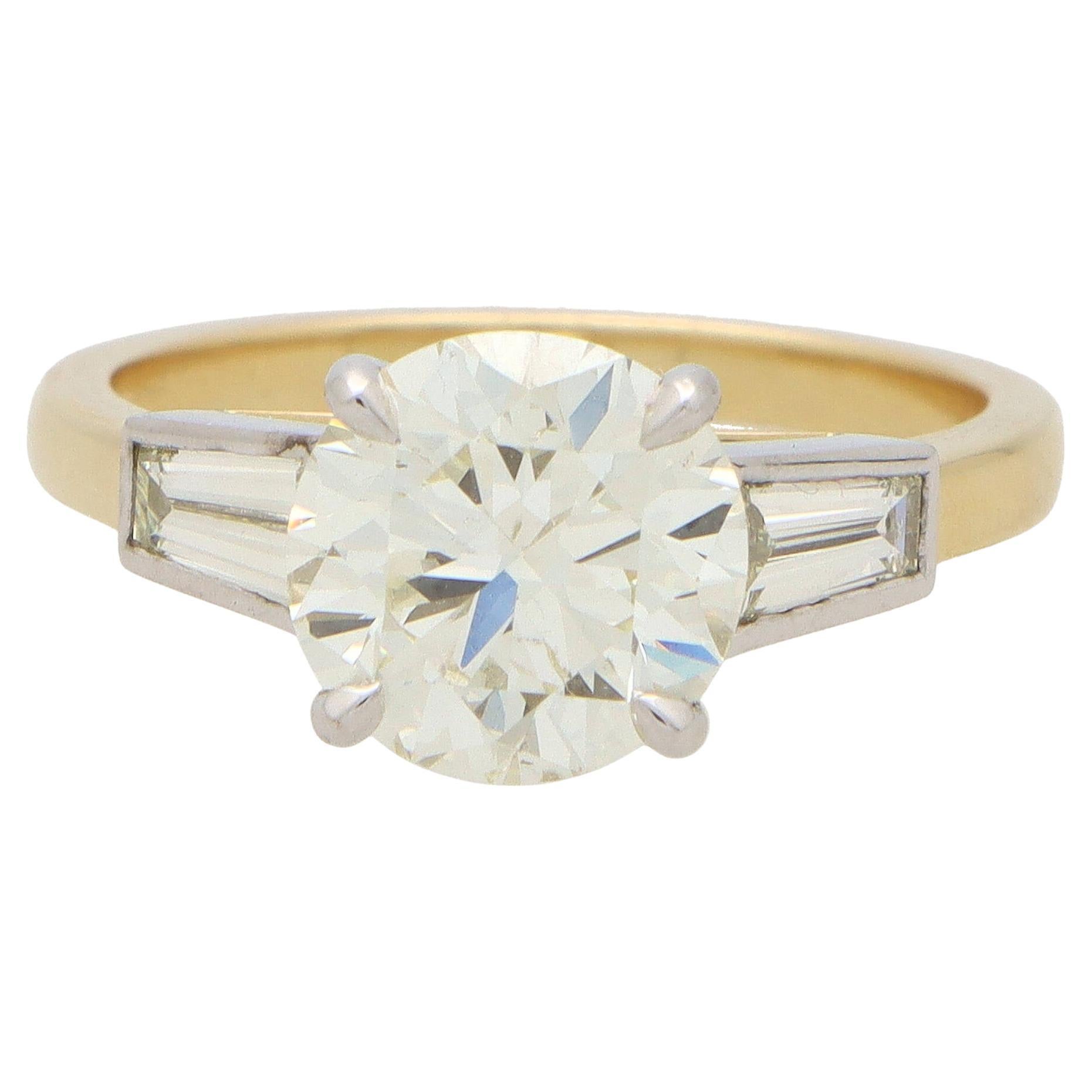 Certified Vintage Round and Tapered Baguette Ring in Yellow Gold and Platinum